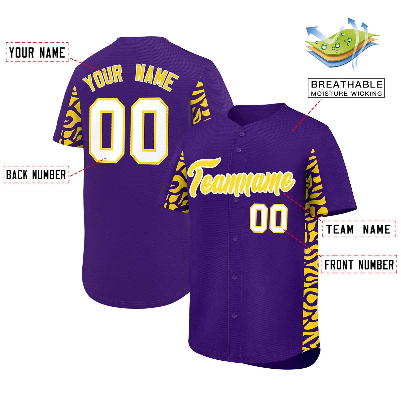 Custom Purple Gold Personalized Leopard Graffiti Pattern Side Design Authentic Baseball Jersey