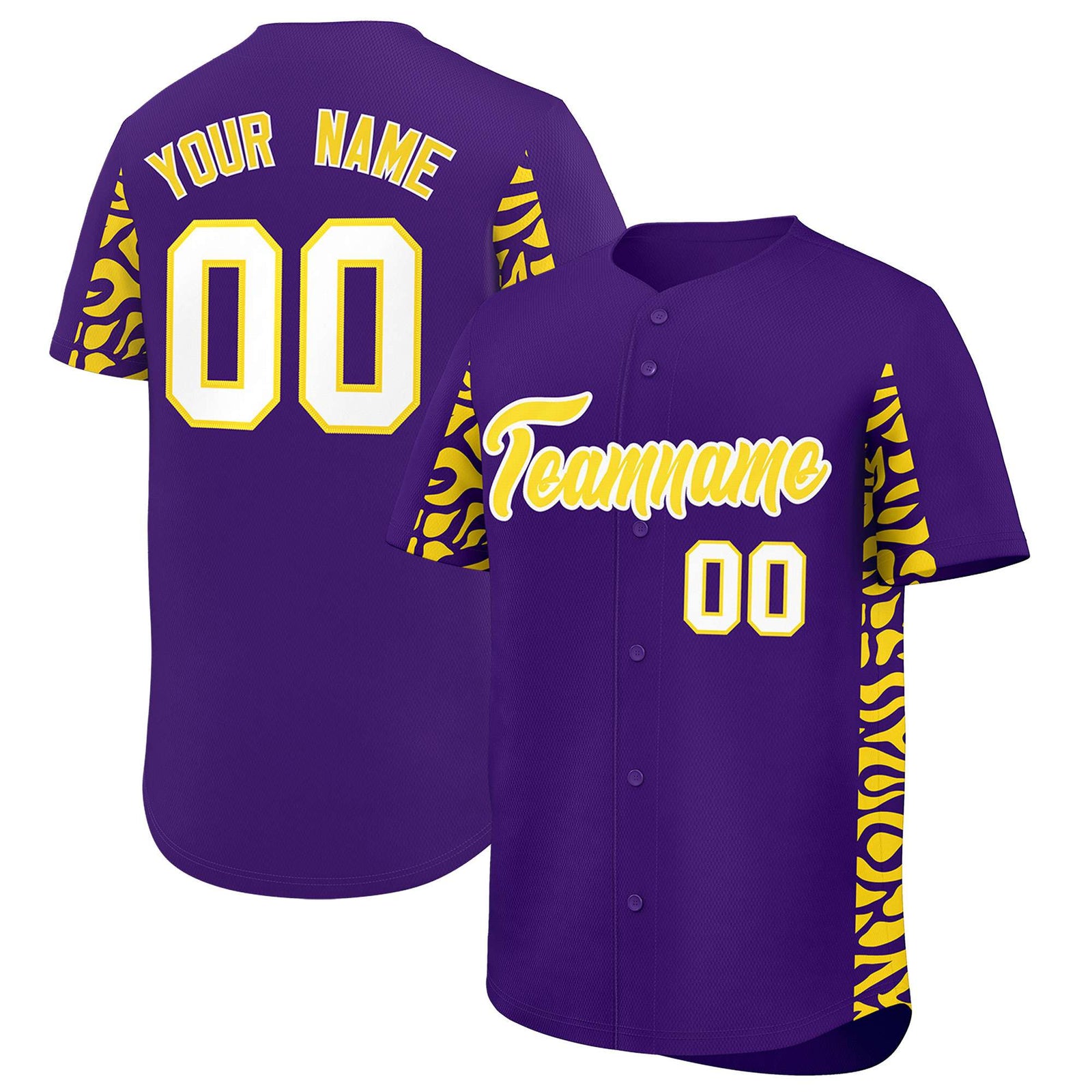 Custom Purple Gold Personalized Leopard Graffiti Pattern Side Design Authentic Baseball Jersey