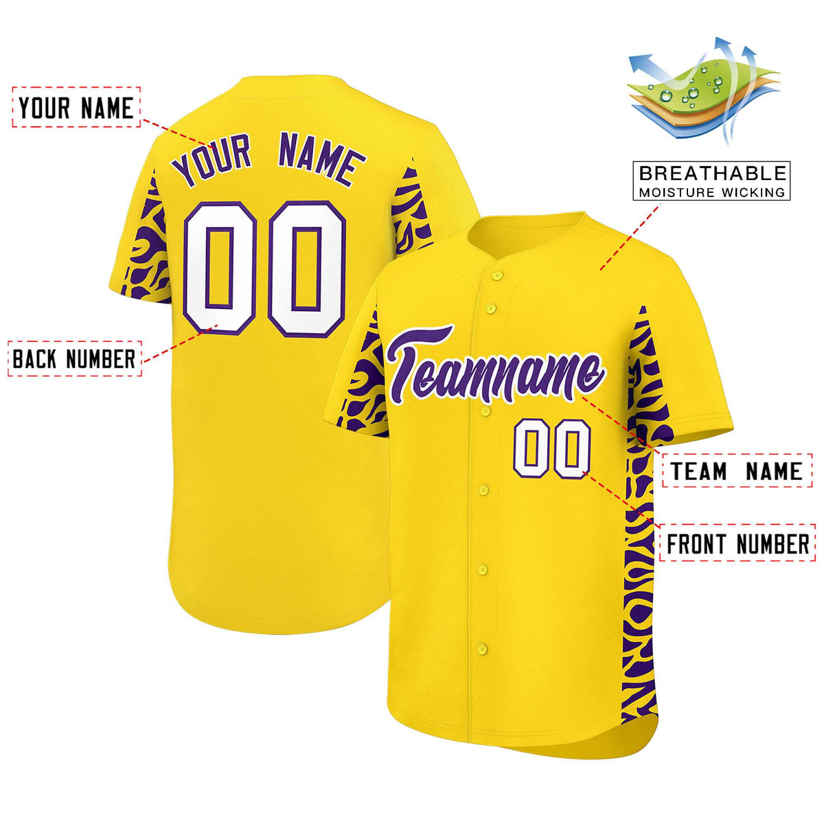 Custom Gold Purple Personalized Leopard Graffiti Pattern Side Design Authentic Baseball Jersey