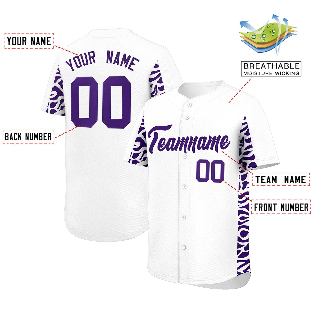 Custom White Purple Personalized Leopard Graffiti Pattern Side Design Authentic Baseball Jersey