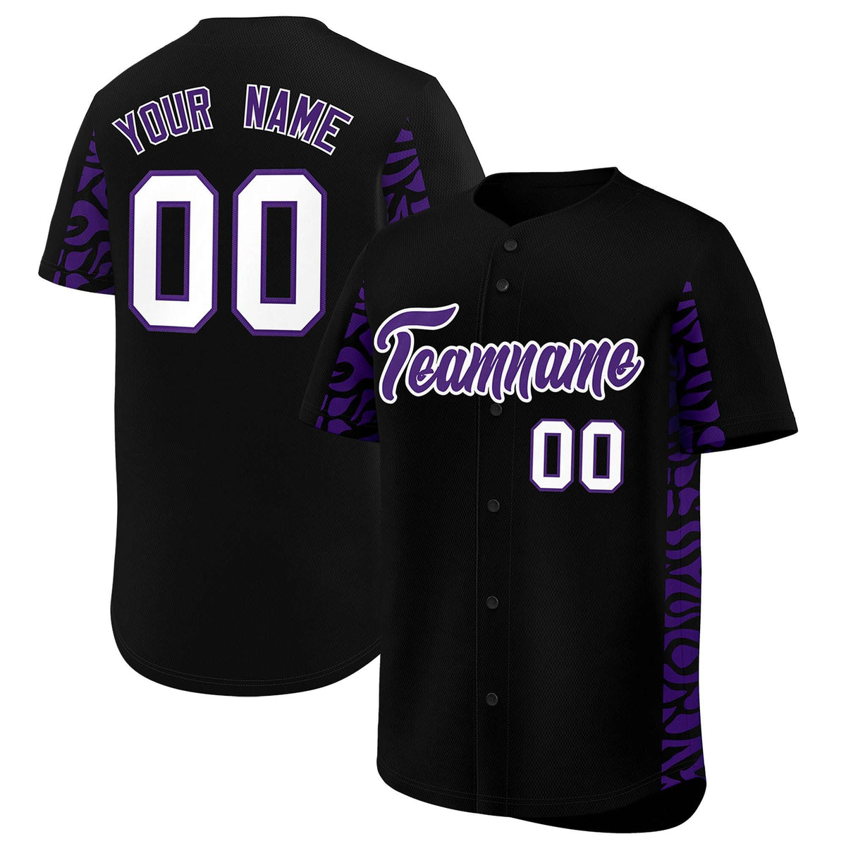 Custom Black Purple Personalized Leopard Graffiti Pattern Side Design Authentic Baseball Jersey