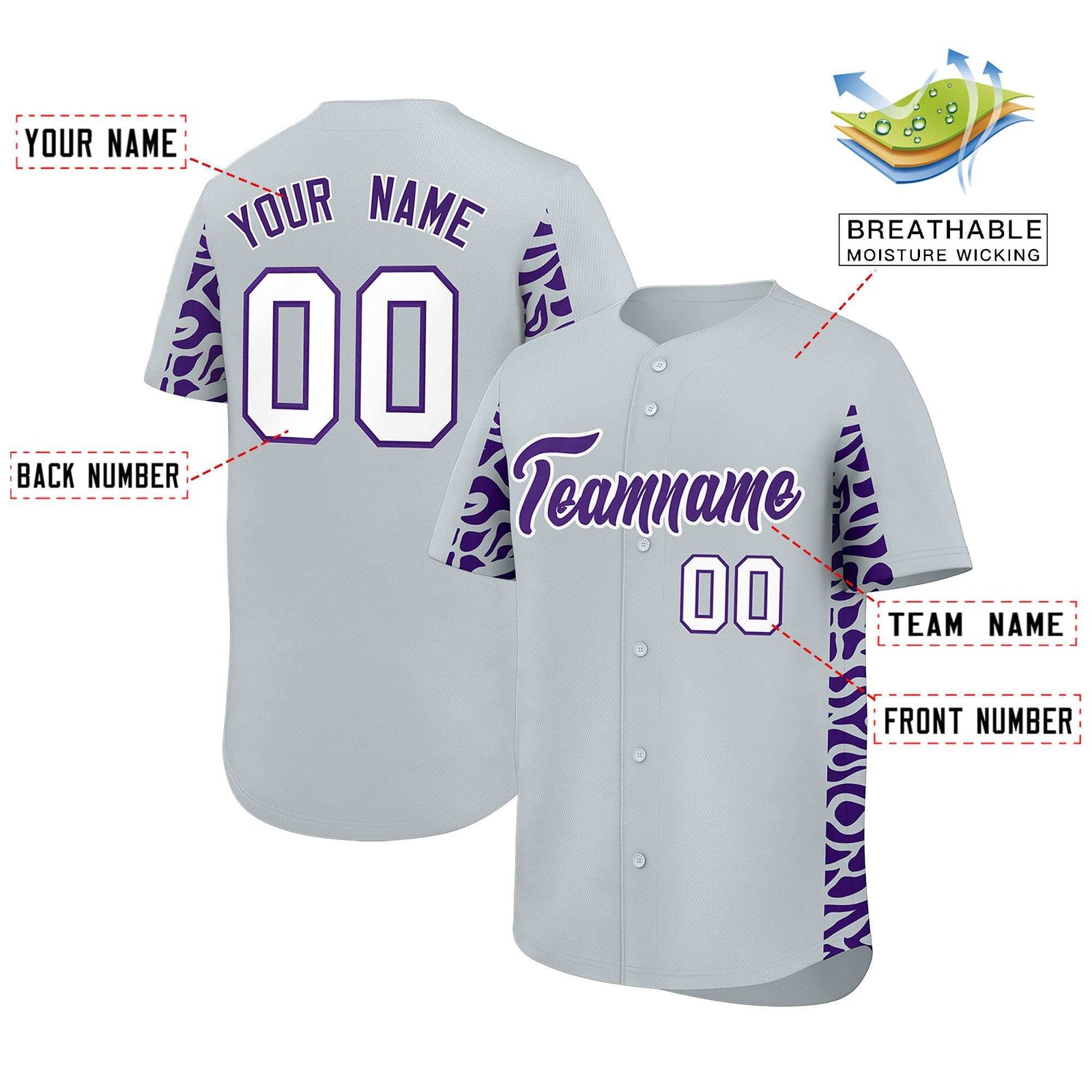 Custom Silver Purple Personalized Leopard Graffiti Pattern Side Design Authentic Baseball Jersey
