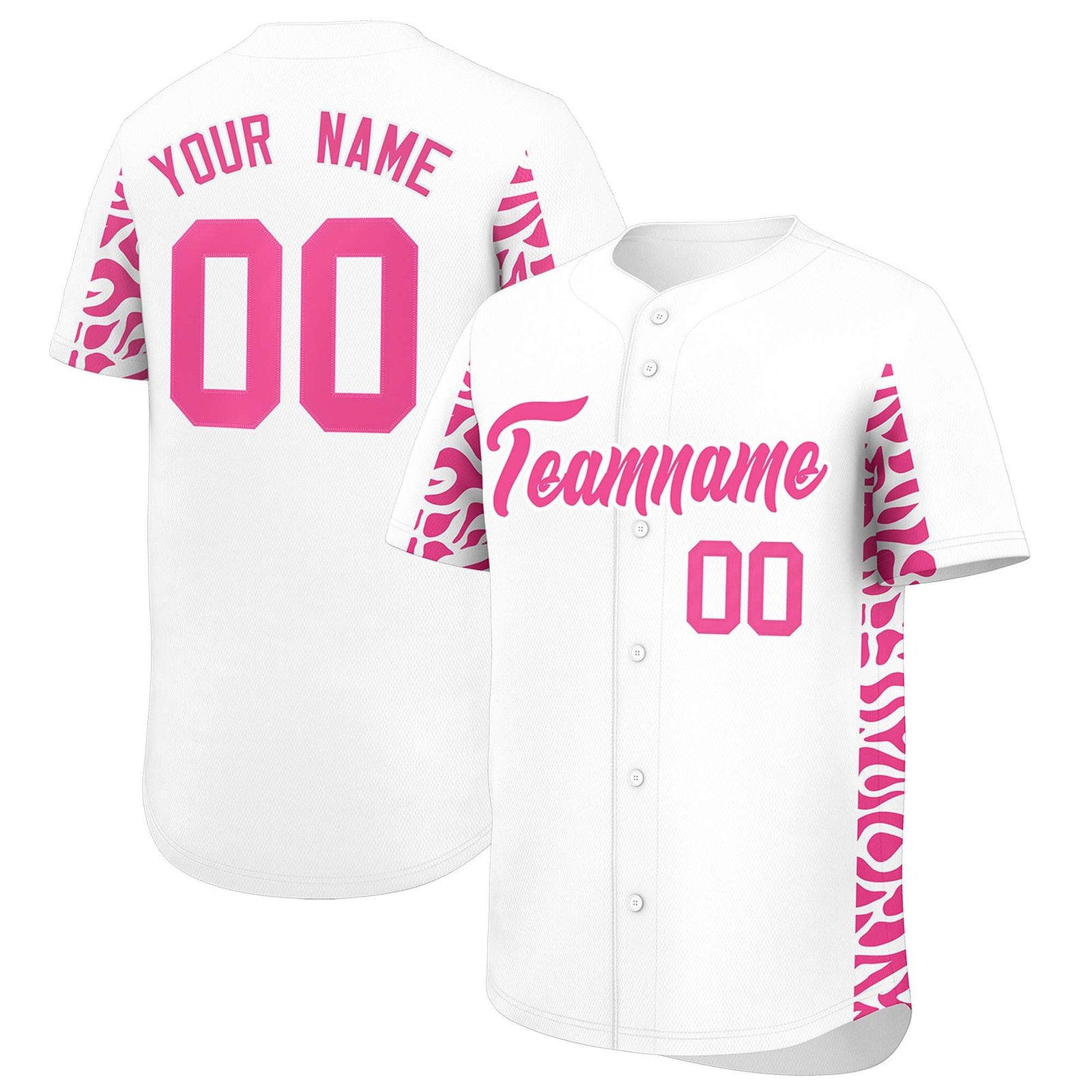 Custom White Pink Personalized Leopard Graffiti Pattern Side Design Authentic Baseball Jersey