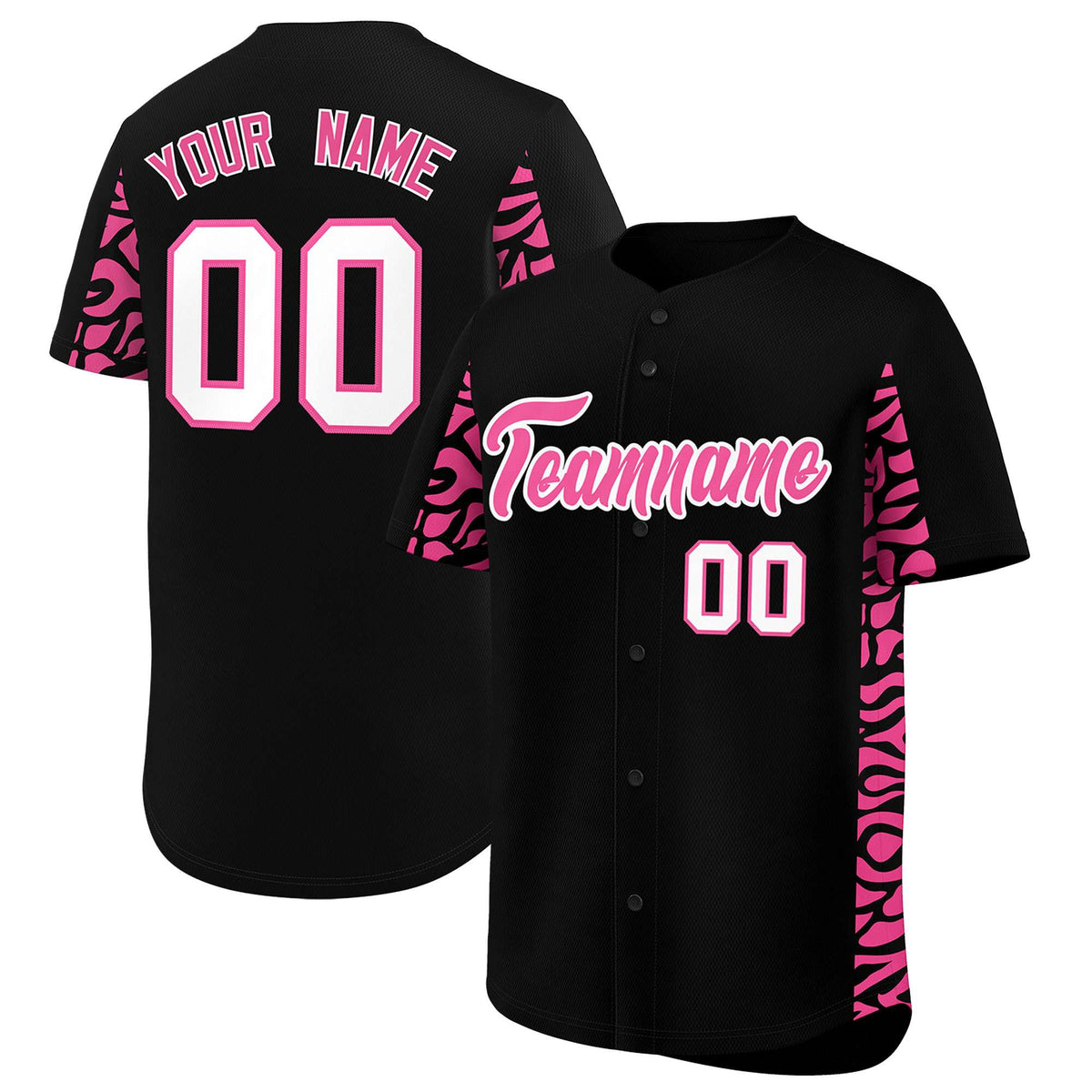 Custom Black Pink Personalized Leopard Graffiti Pattern Side Design Authentic Baseball Jersey