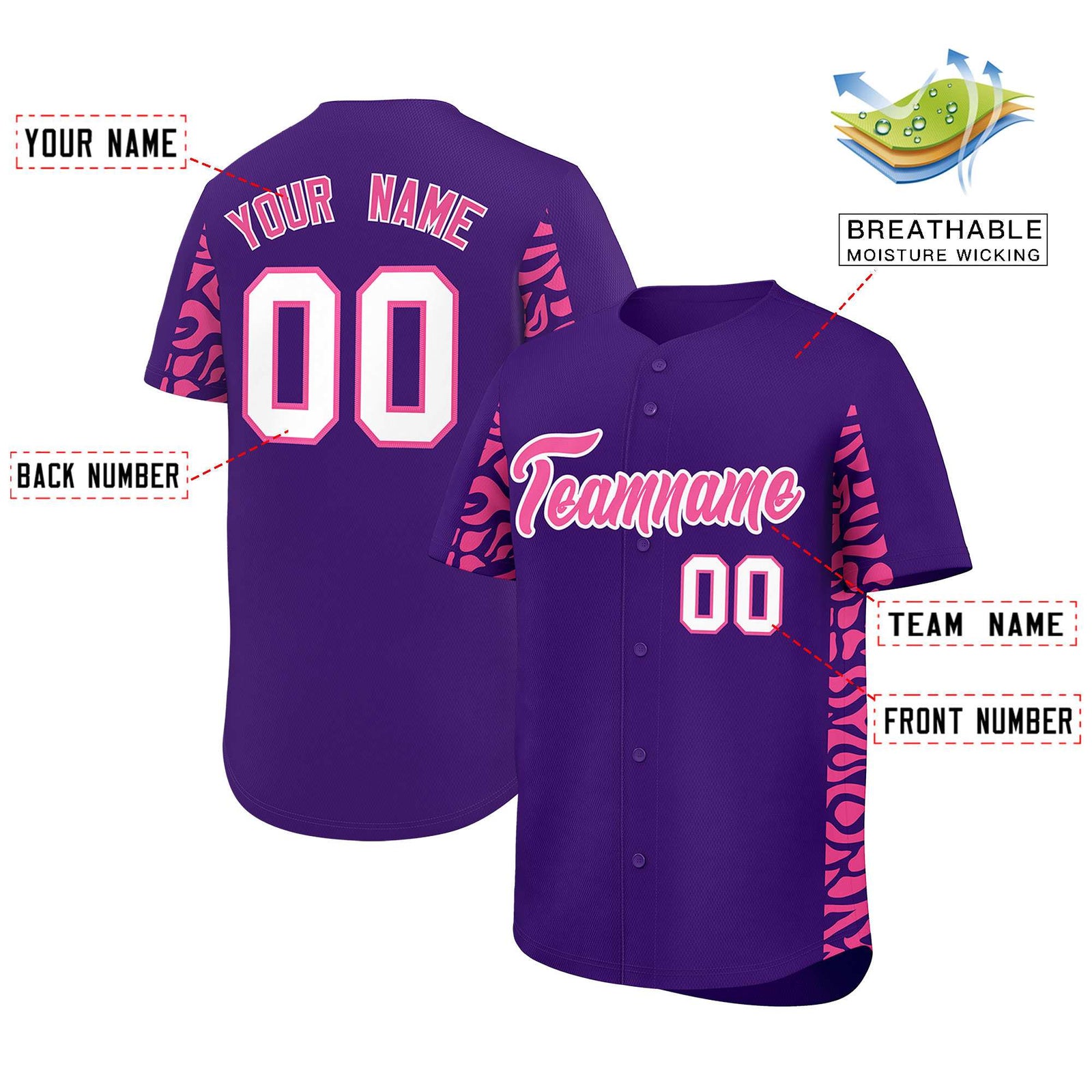 Custom Purple Pink Personalized Leopard Graffiti Pattern Side Design Authentic Baseball Jersey