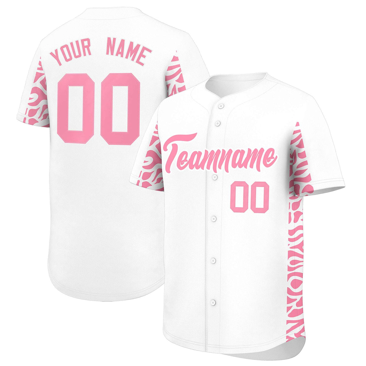Custom White Light Pink Personalized Leopard Graffiti Pattern Side Design Authentic Baseball Jersey
