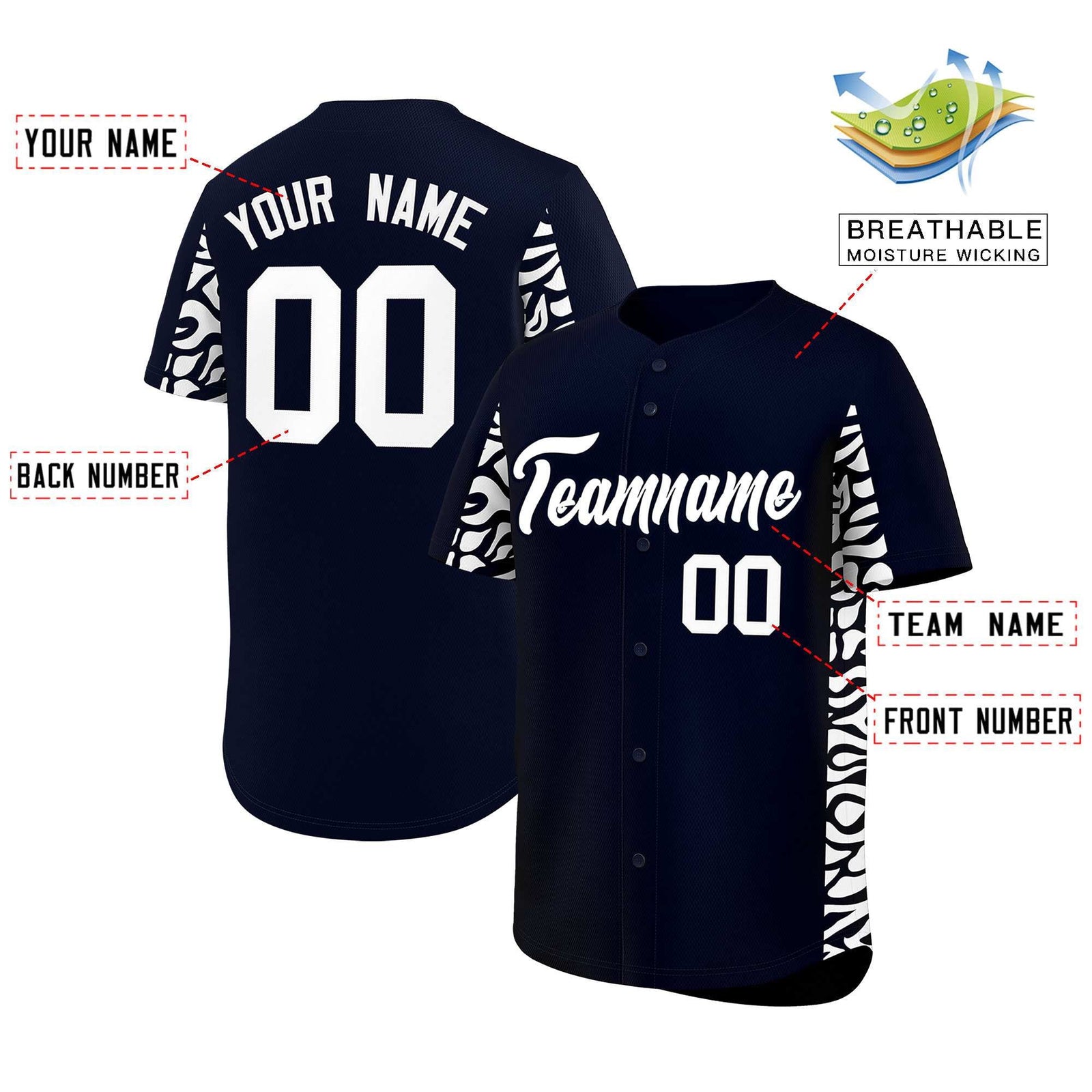 Custom Navy White Personalized Leopard Graffiti Pattern Side Design Authentic Baseball Jersey