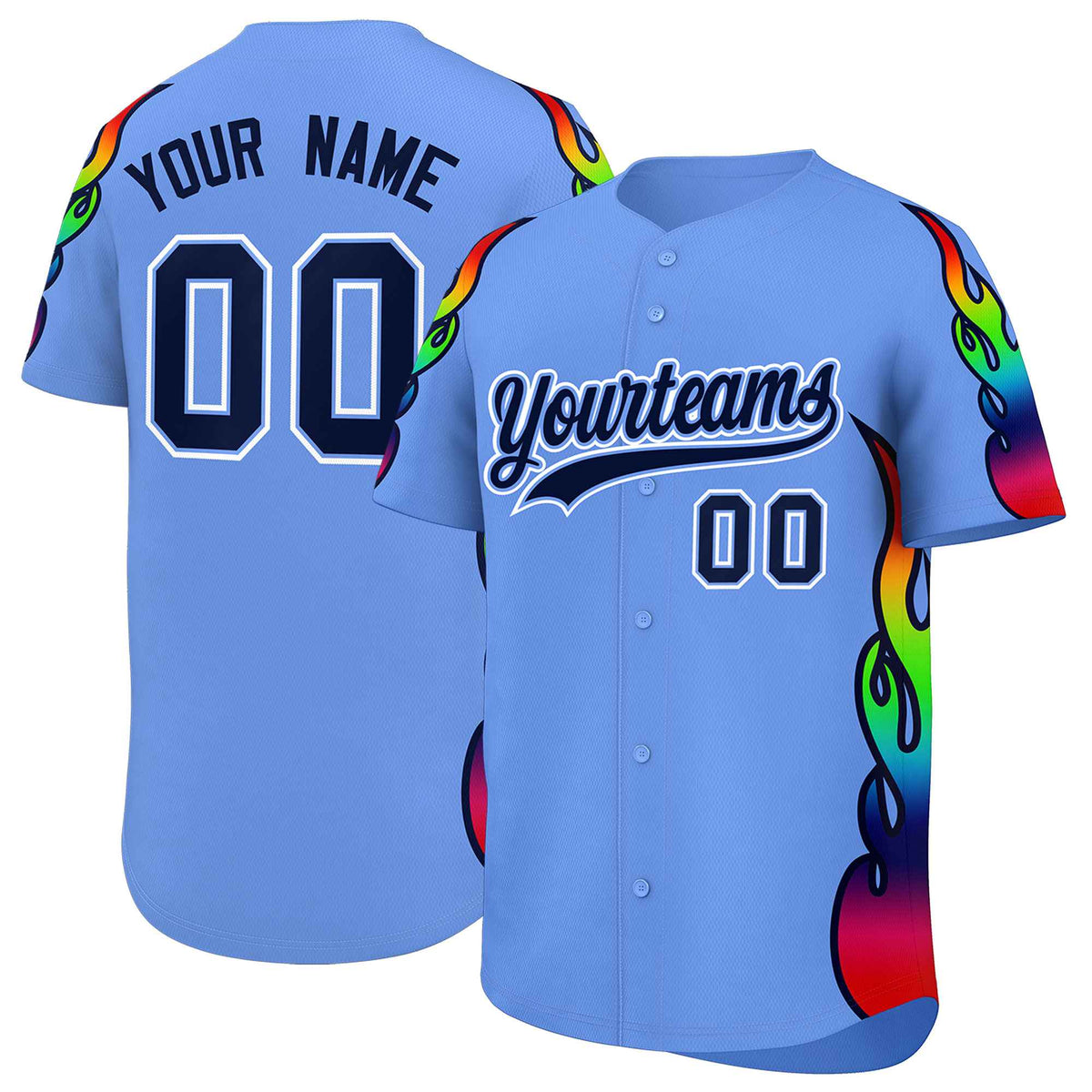 Custom Light Blue Graffiti Pattern Personalized Multicolored Flames Print Authentic Baseball Jersey