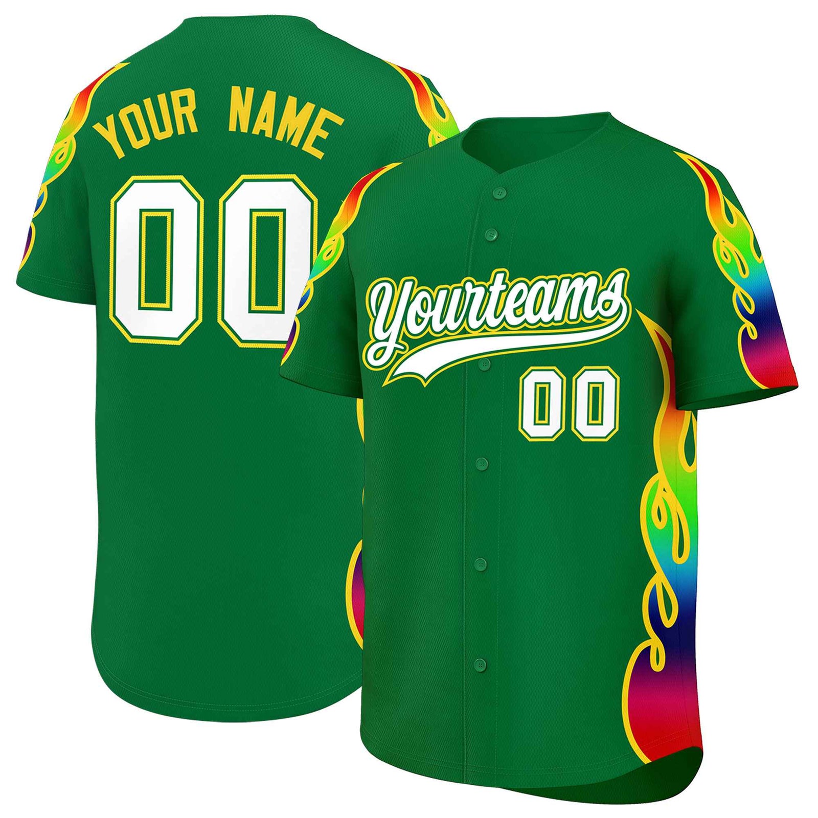 Custom Kelly Green Graffiti Pattern Personalized Multicolored Flames Print Authentic Baseball Jersey
