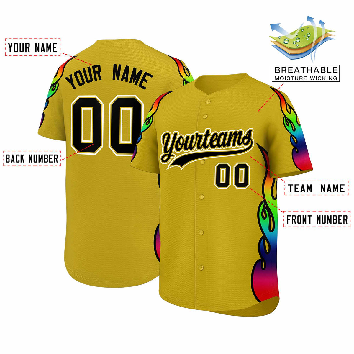 Custom Old Gold Graffiti Pattern Personalized Multicolored Flames Print Authentic Baseball Jersey