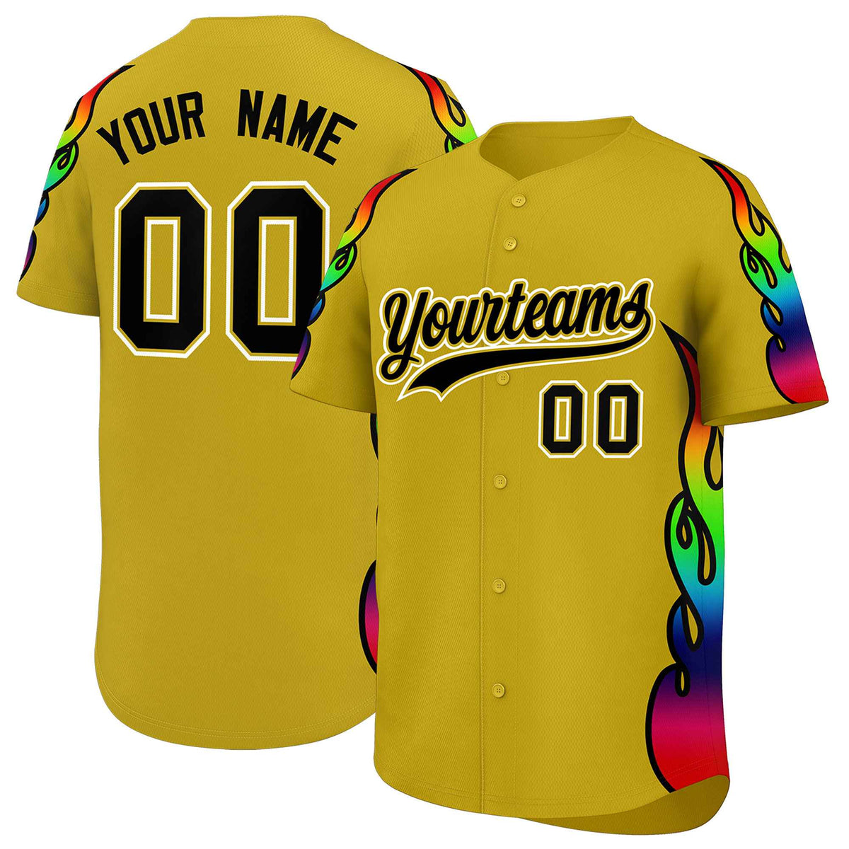 Custom Old Gold Graffiti Pattern Personalized Multicolored Flames Print Authentic Baseball Jersey