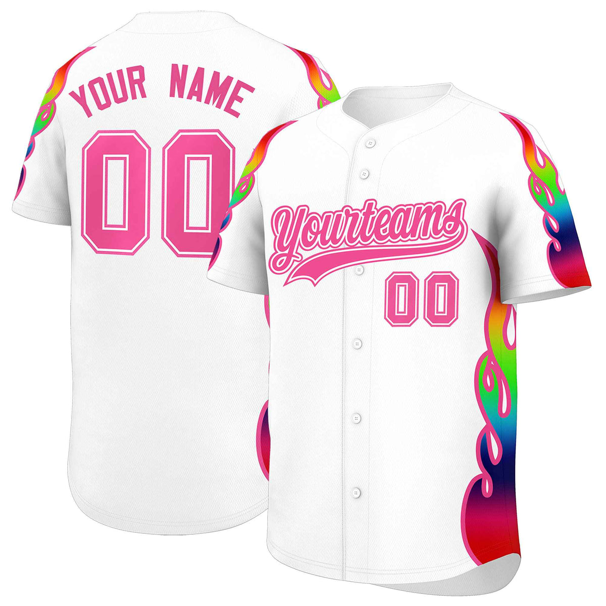 Custom White Graffiti Pattern Personalized Multicolored Flames Print Authentic Baseball Jersey