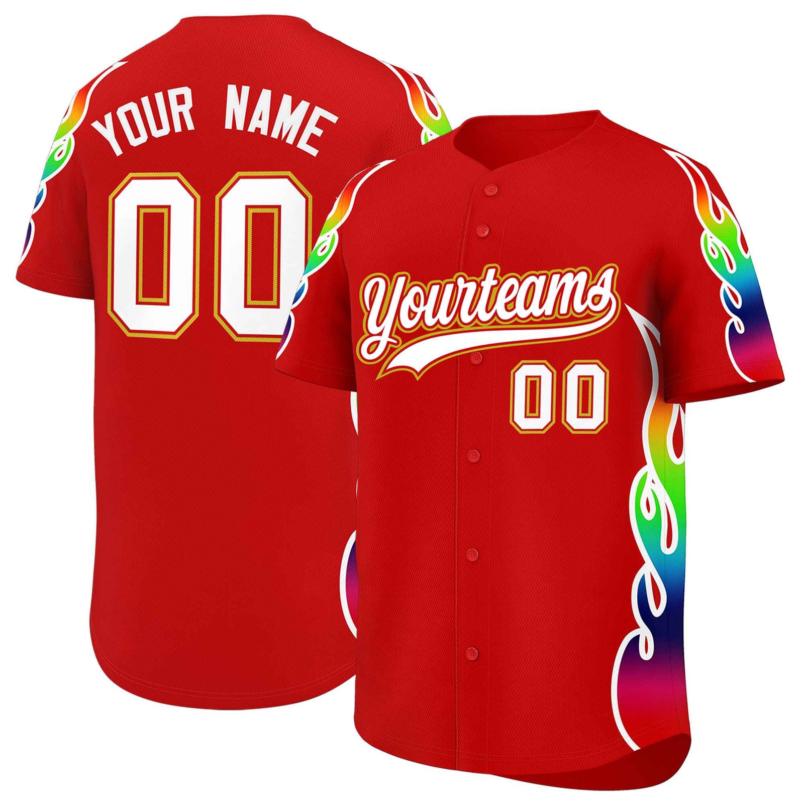 Custom Red Graffiti Pattern Personalized Multicolored Flames Print Authentic Baseball Jersey