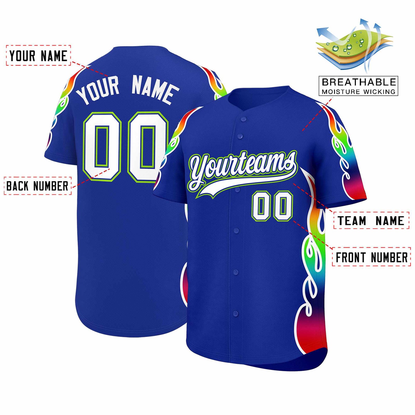 Custom Royal Graffiti Pattern Personalized Multicolored Flames Print Authentic Baseball Jersey