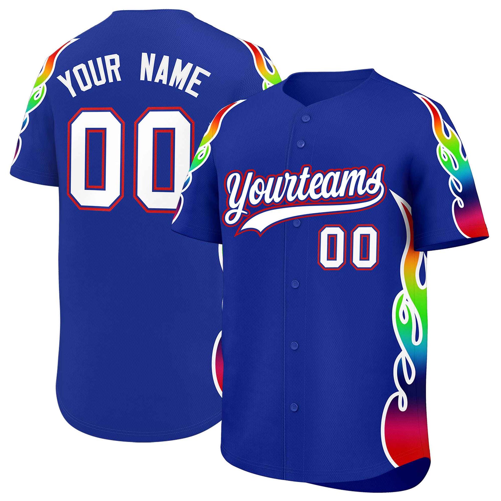 Custom Royal Graffiti Pattern Personalized Multicolored Flames Print Authentic Baseball Jersey