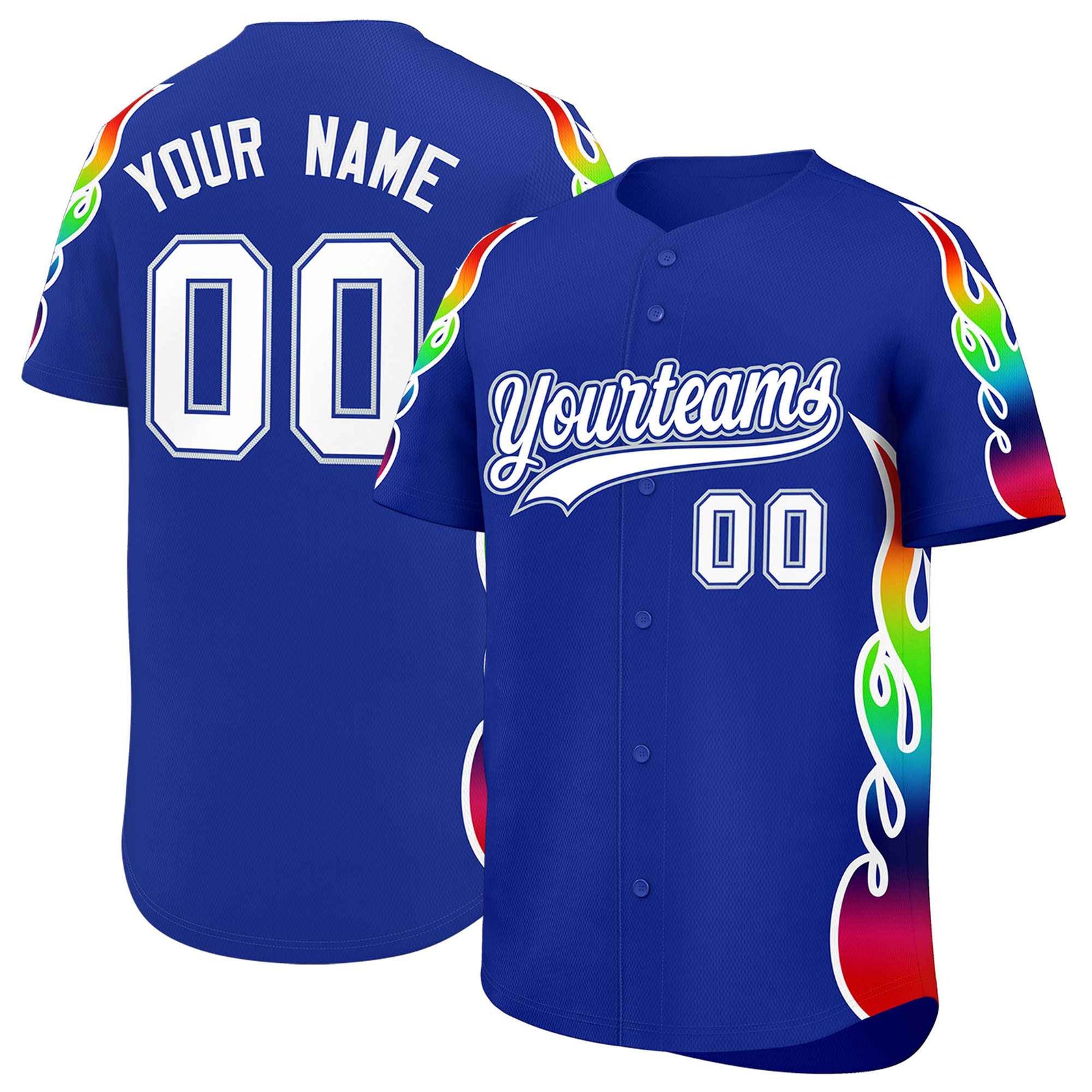 Custom Royal Graffiti Pattern Personalized Multicolored Flames Print Authentic Baseball Jersey