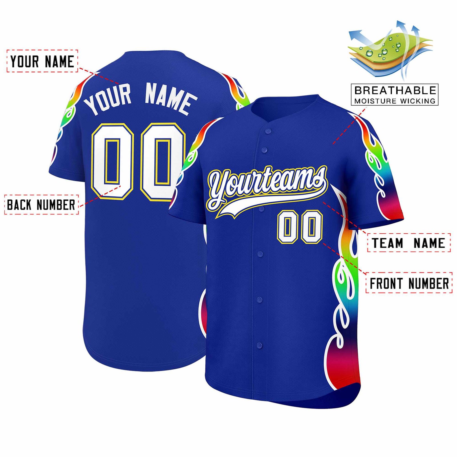 Custom Royal Graffiti Pattern Personalized Multicolored Flames Print Authentic Baseball Jersey