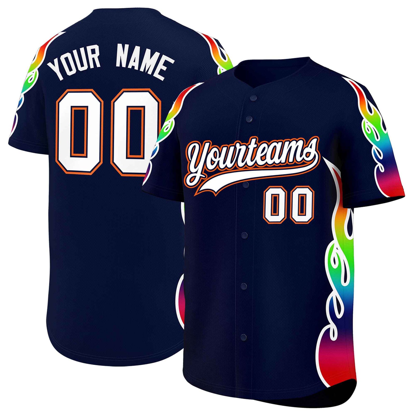 Custom Navy Graffiti Pattern Personalized Multicolored Flames Print Authentic Baseball Jersey