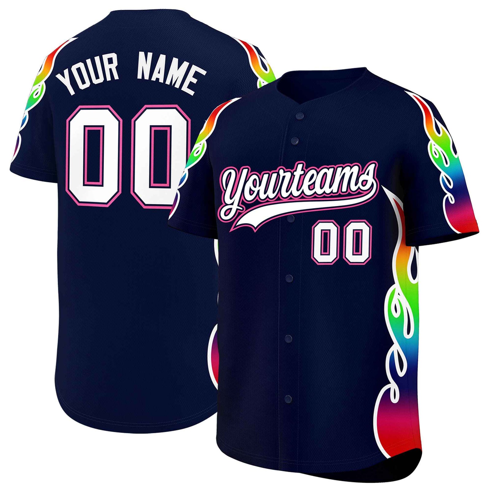 Custom Navy Graffiti Pattern Personalized Multicolored Flames Print Authentic Baseball Jersey