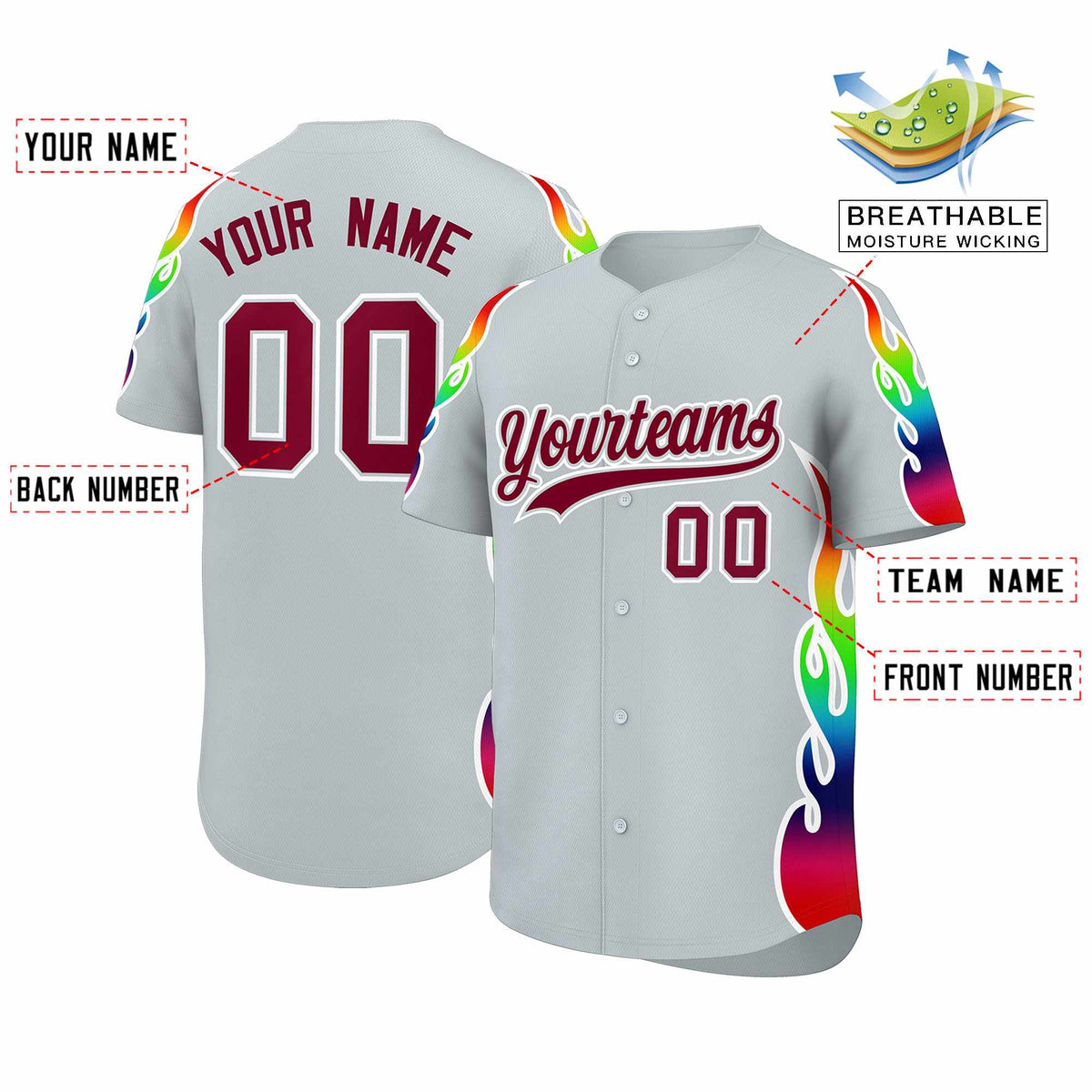 Custom Silver Graffiti Pattern Personalized Multicolored Flames Print Authentic Baseball Jersey