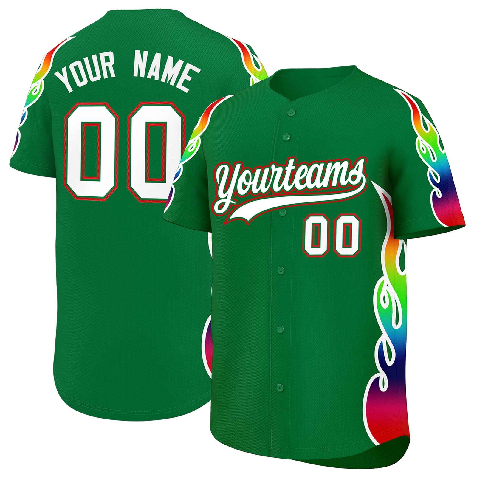 Custom Kelly Green Graffiti Pattern Personalized Multicolored Flames Print Authentic Baseball Jersey