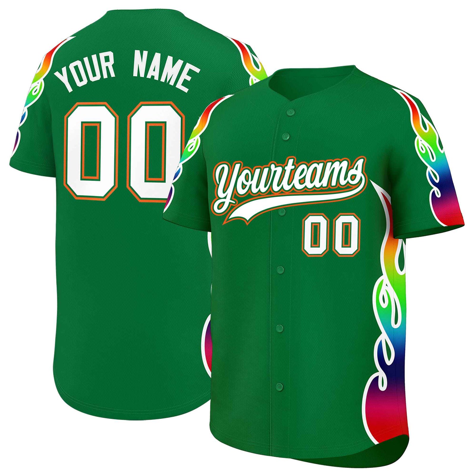 Custom Kelly Green Graffiti Pattern Personalized Multicolored Flames Print Authentic Baseball Jersey