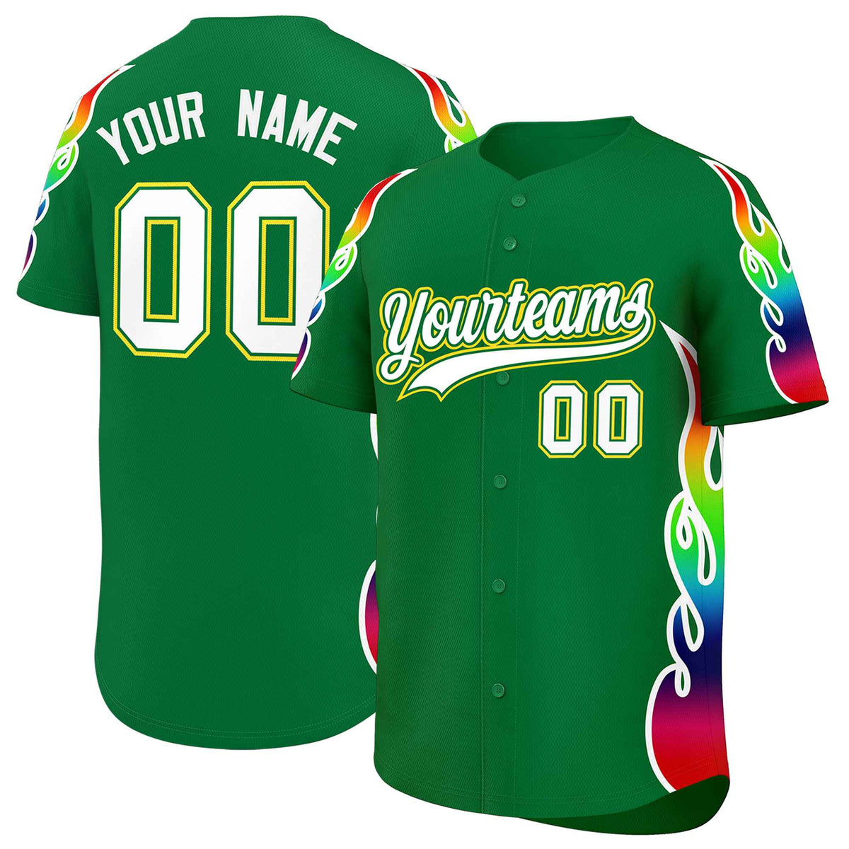 Custom Kelly Green Graffiti Pattern Personalized Multicolored Flames Print Authentic Baseball Jersey