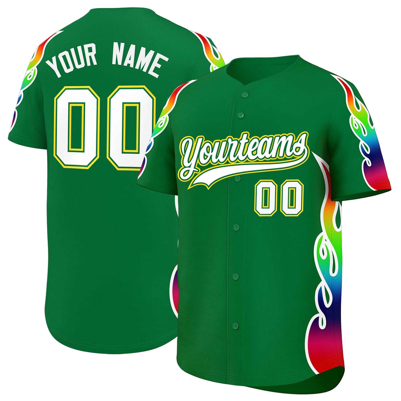 Custom Kelly Green Graffiti Pattern Personalized Multicolored Flames Print Authentic Baseball Jersey
