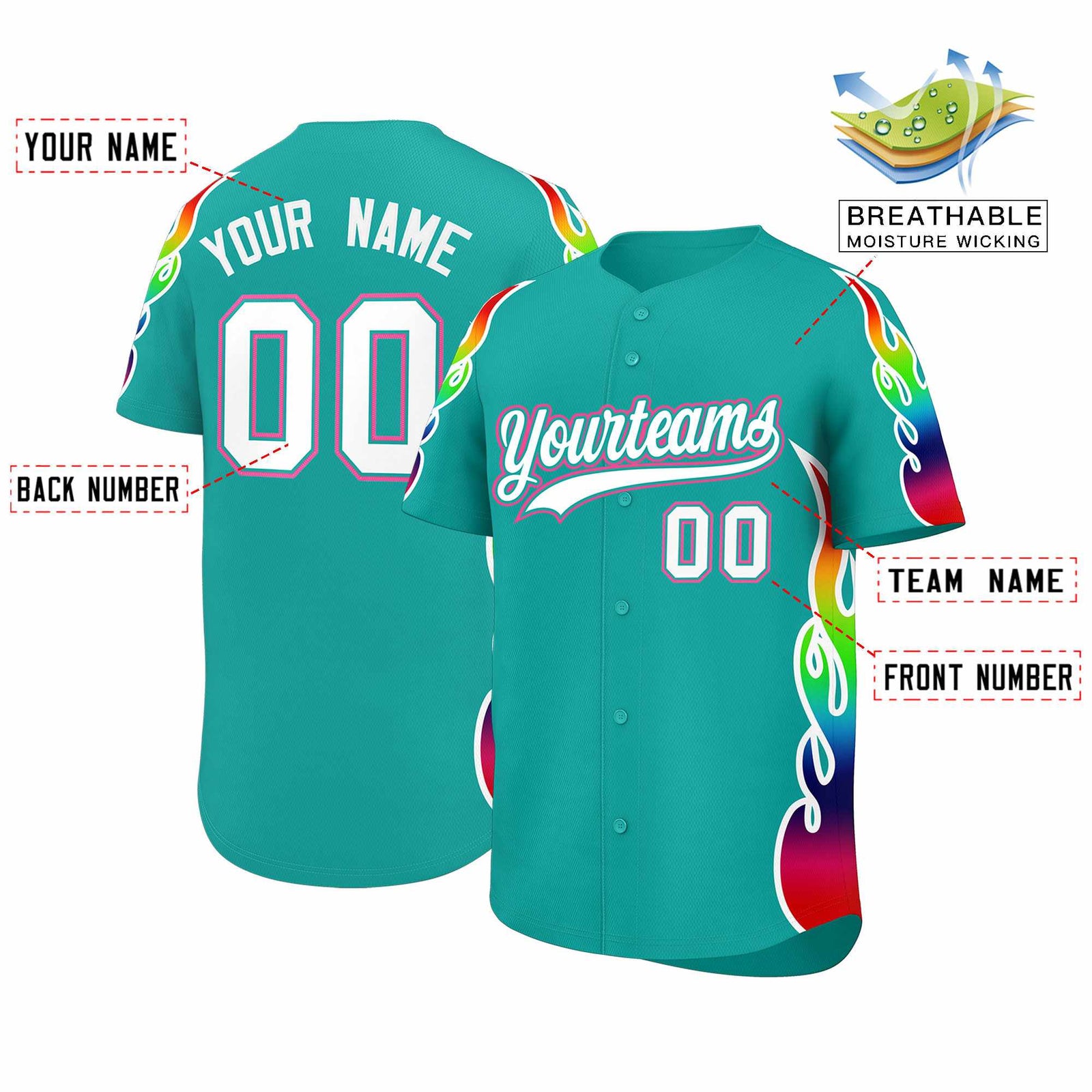 Custom Aqua Graffiti Pattern Personalized Multicolored Flames Print Authentic Baseball Jersey