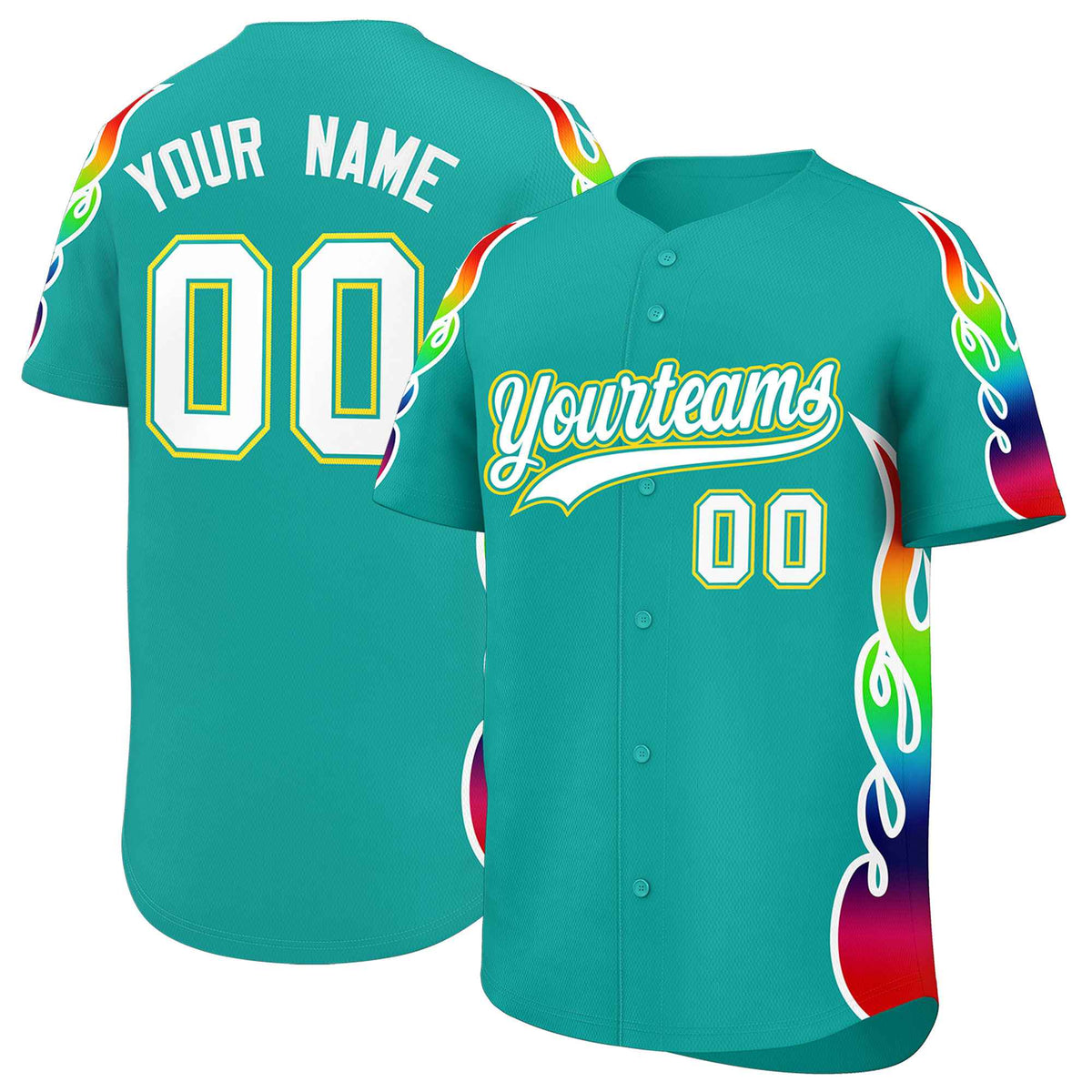 Custom Aqua Graffiti Pattern Personalized Multicolored Flames Print Authentic Baseball Jersey