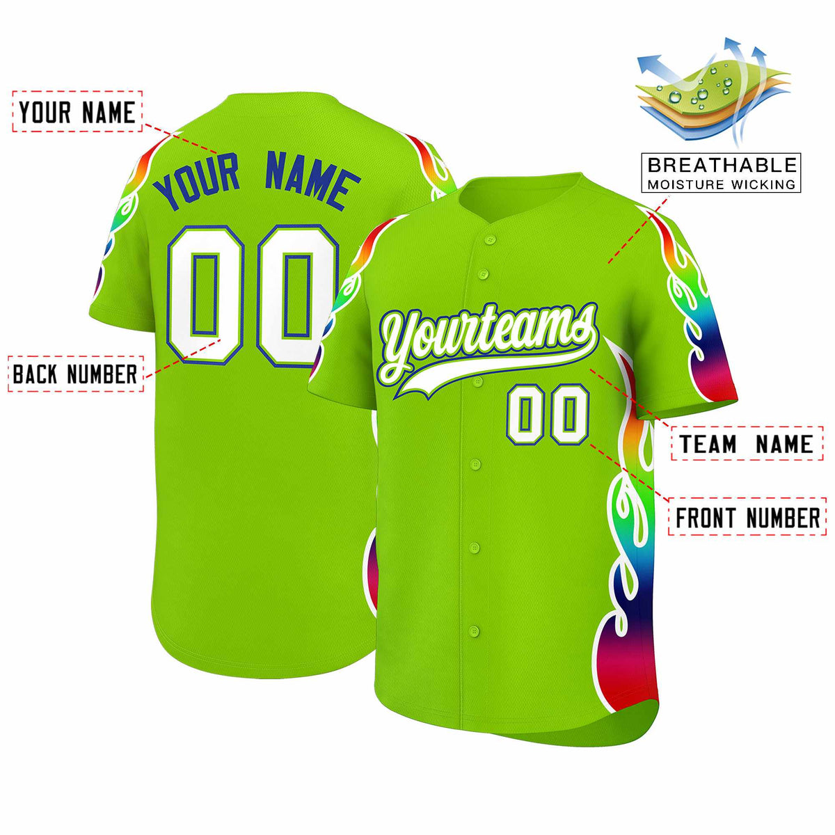 Custom Neon Green Graffiti Pattern Personalized Multicolored Flames Print Authentic Baseball Jersey