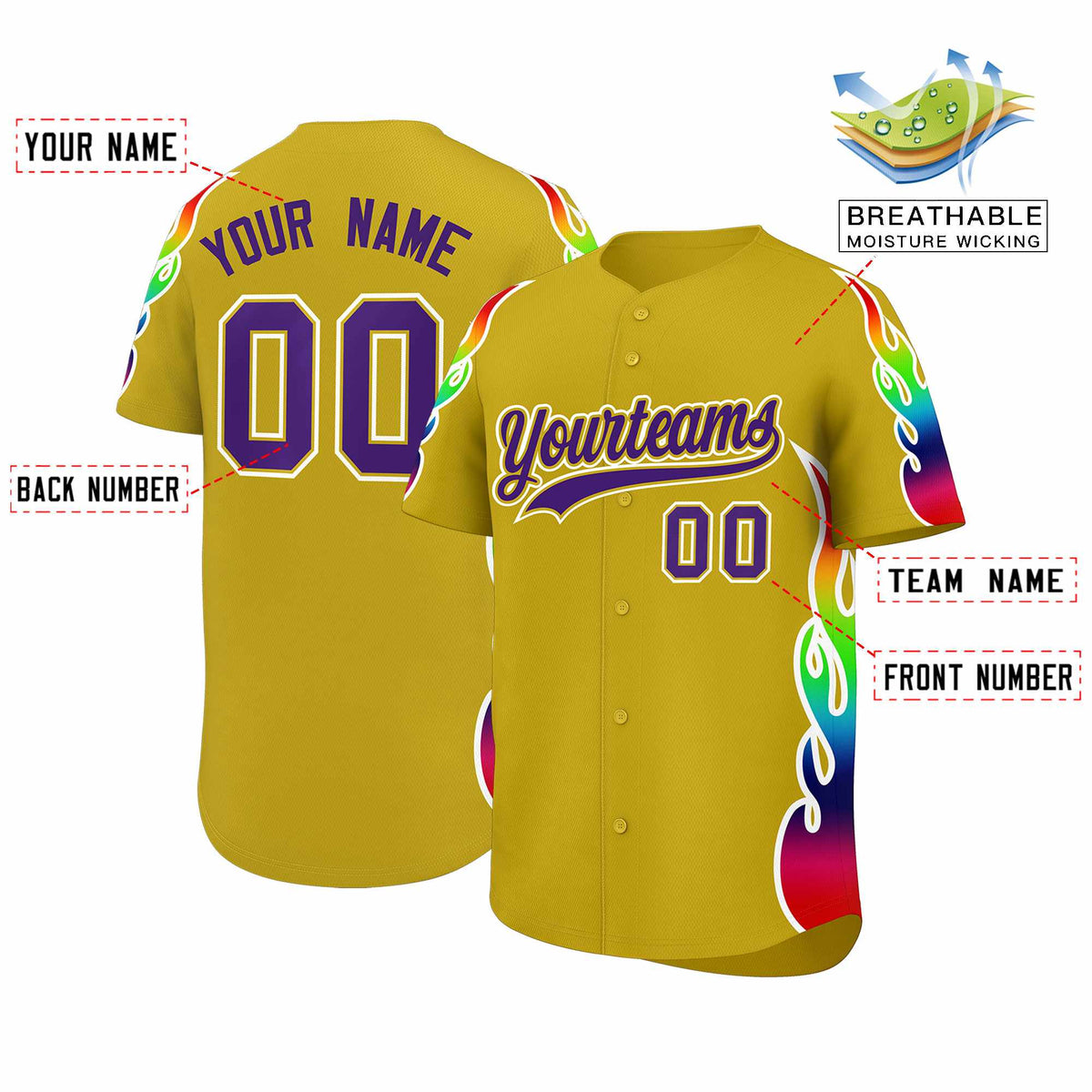 Custom Old Gold Graffiti Pattern Personalized Multicolored Flames Print Authentic Baseball Jersey