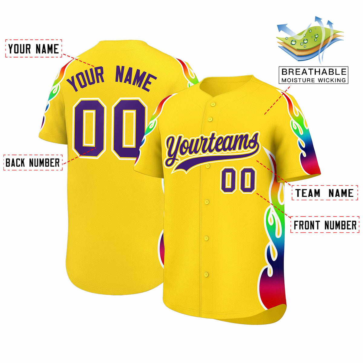 Custom Gold Graffiti Pattern Personalized Multicolored Flames Print Authentic Baseball Jersey