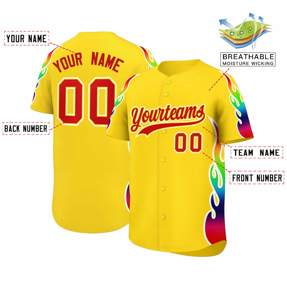 Custom Gold Graffiti Pattern Personalized Multicolored Flames Print Authentic Baseball Jersey