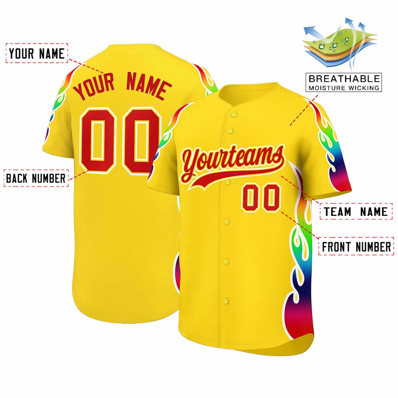 Custom Gold Graffiti Pattern Personalized Multicolored Flames Print Authentic Baseball Jersey