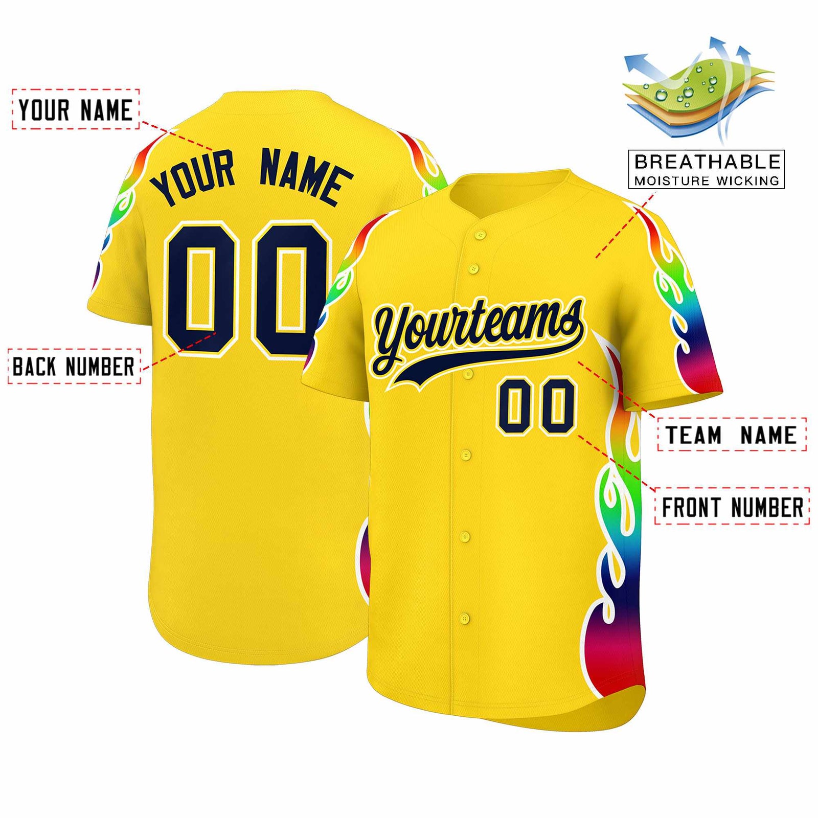 Custom Gold Graffiti Pattern Personalized Multicolored Flames Print Authentic Baseball Jersey