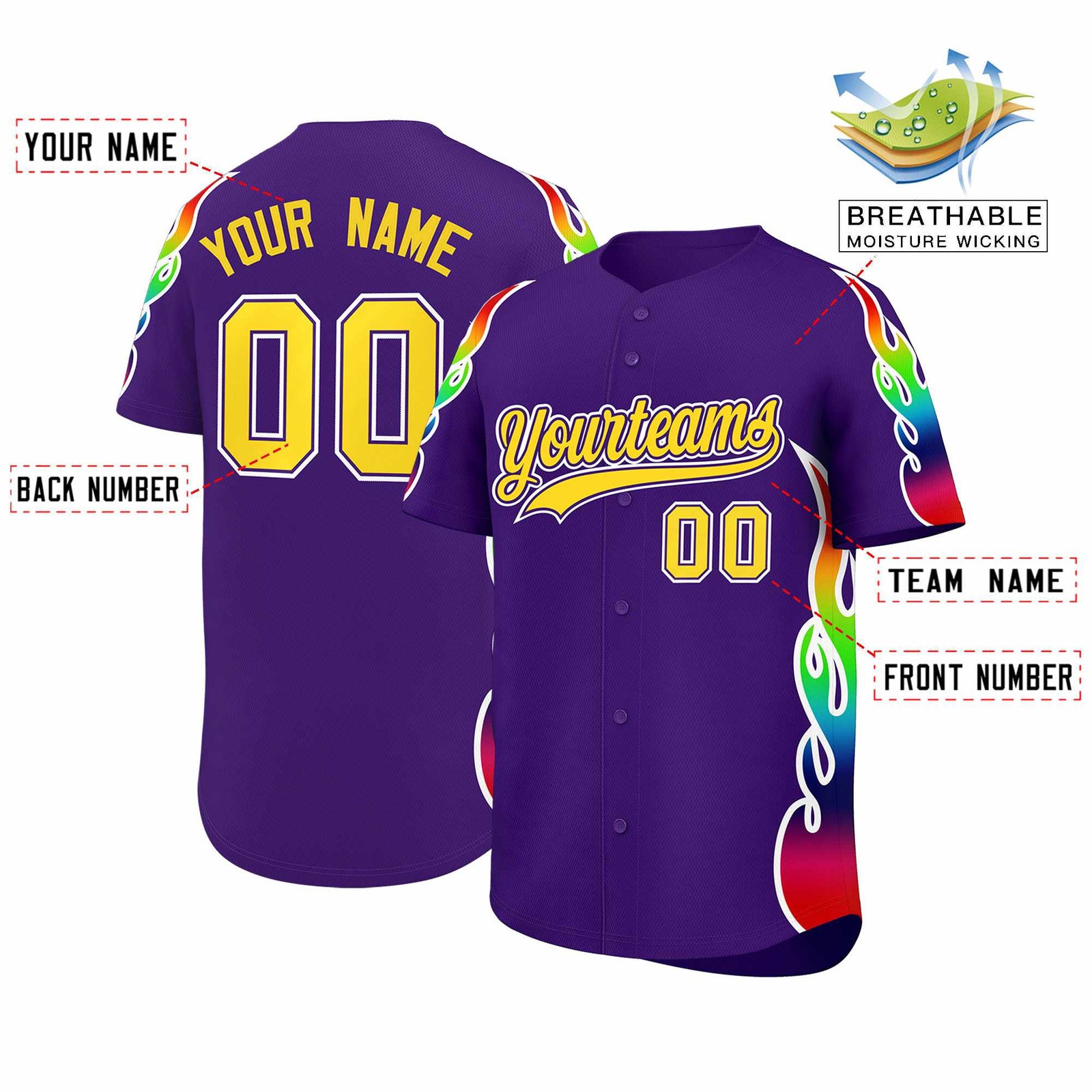 Custom Purple Graffiti Pattern Personalized Multicolored Flames Print Authentic Baseball Jersey