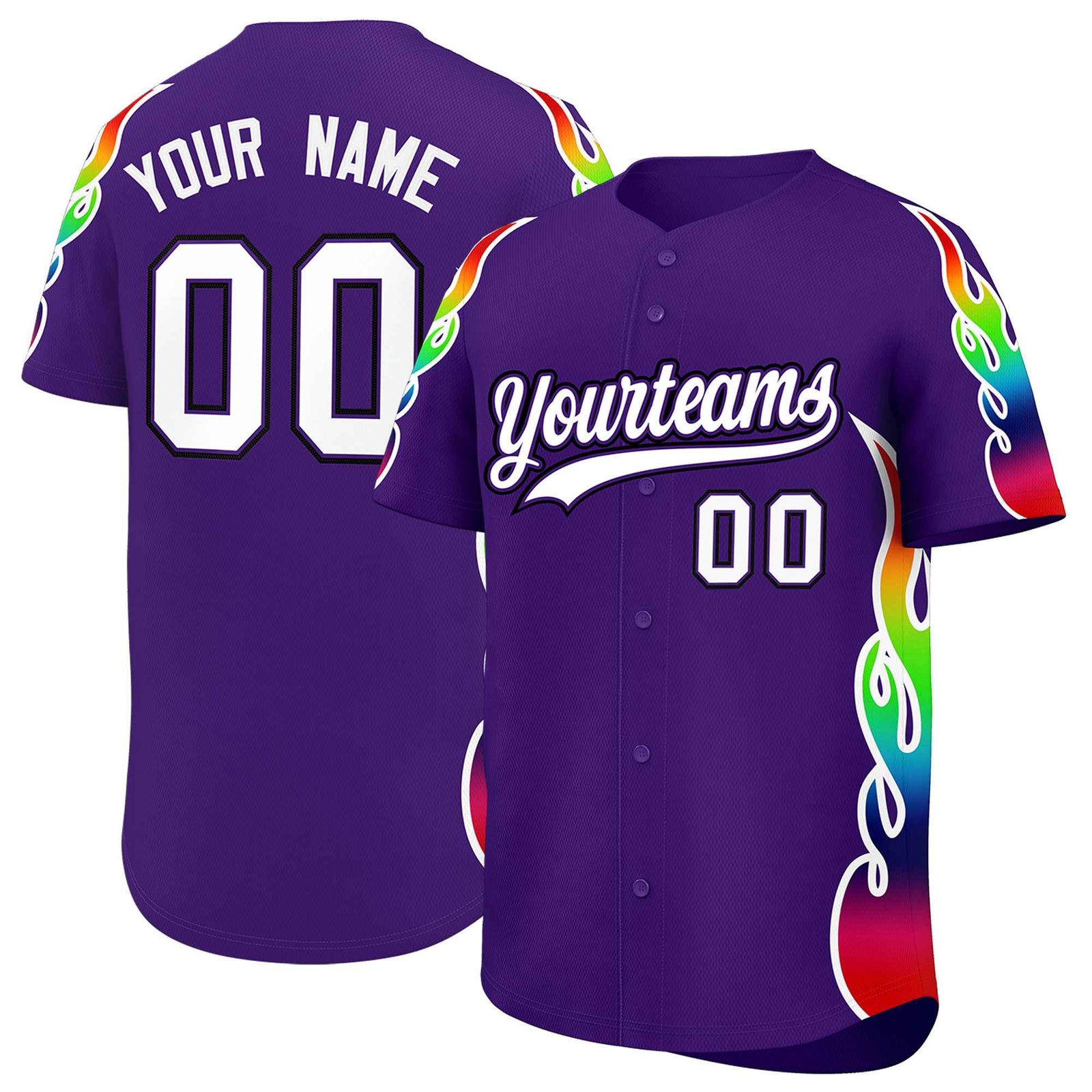 Custom Purple Graffiti Pattern Personalized Multicolored Flames Print Authentic Baseball Jersey