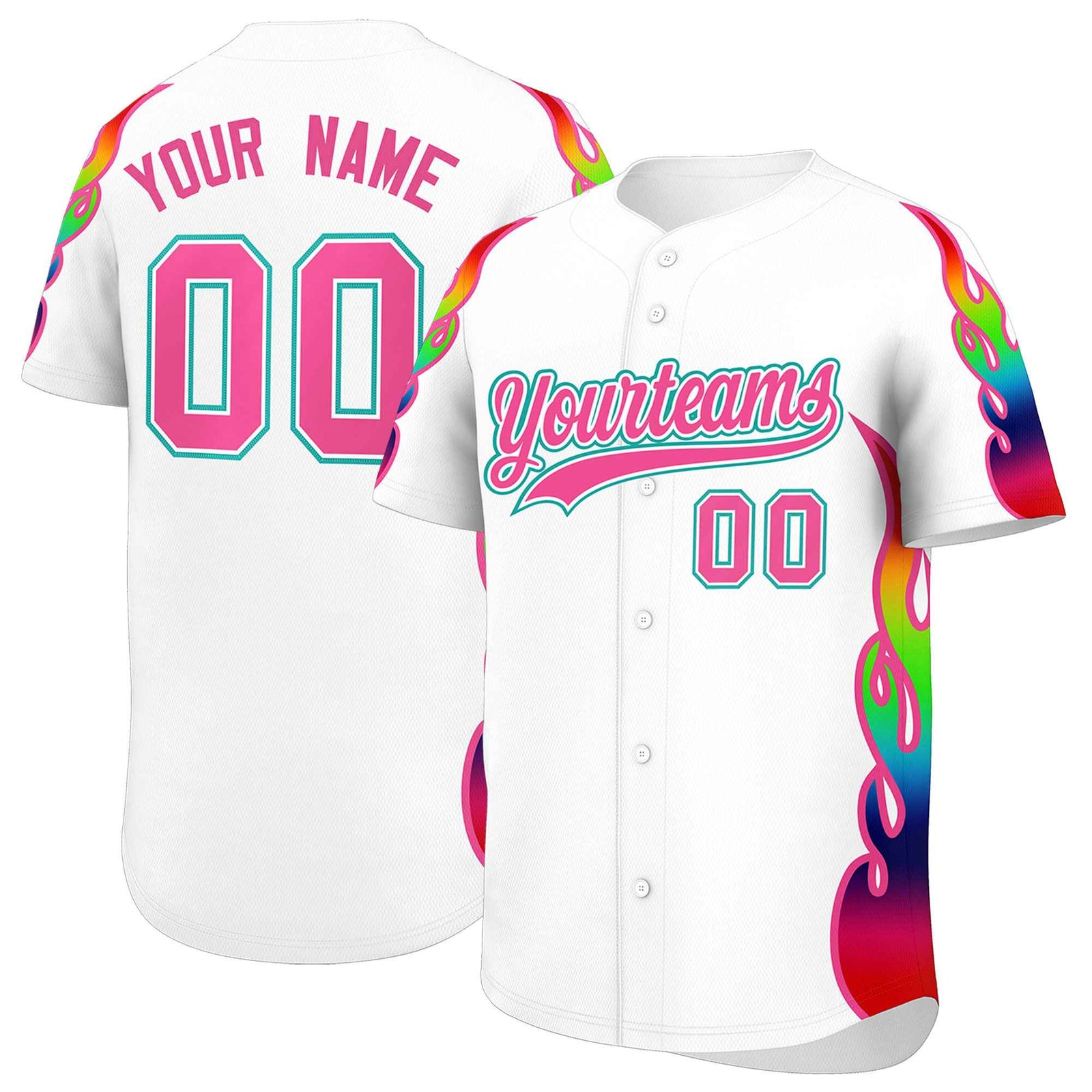 Custom White Graffiti Pattern Personalized Multicolored Flames Print Authentic Baseball Jersey