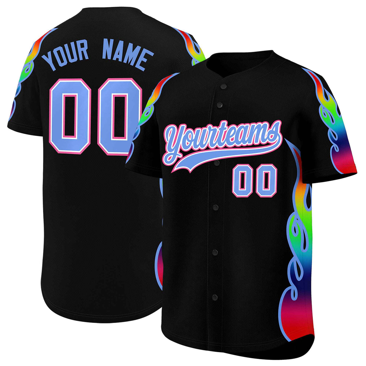 Custom Black Graffiti Pattern Personalized Multicolored Flames Print Authentic Baseball Jersey