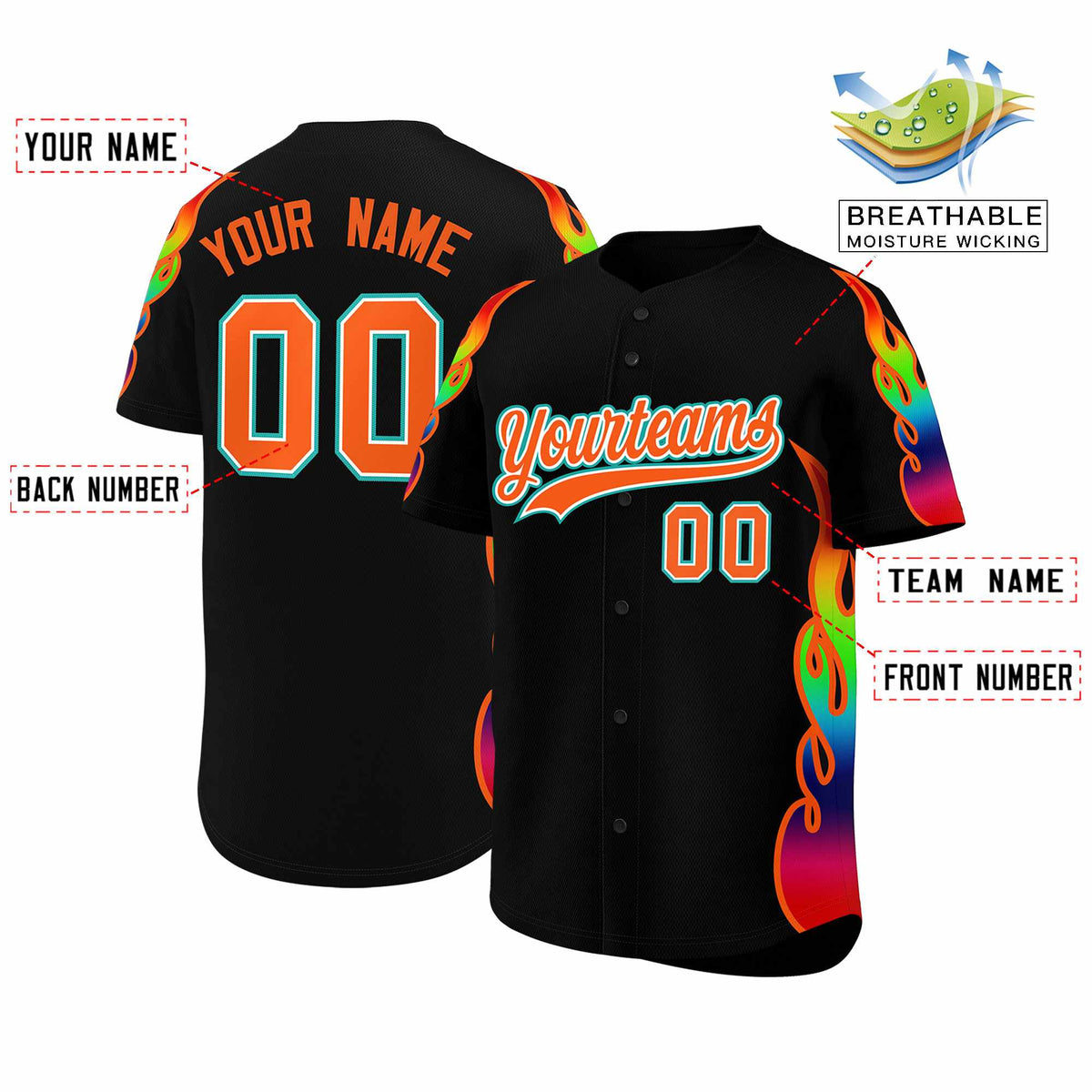 Custom Black Graffiti Pattern Personalized Multicolored Flames Print Authentic Baseball Jersey