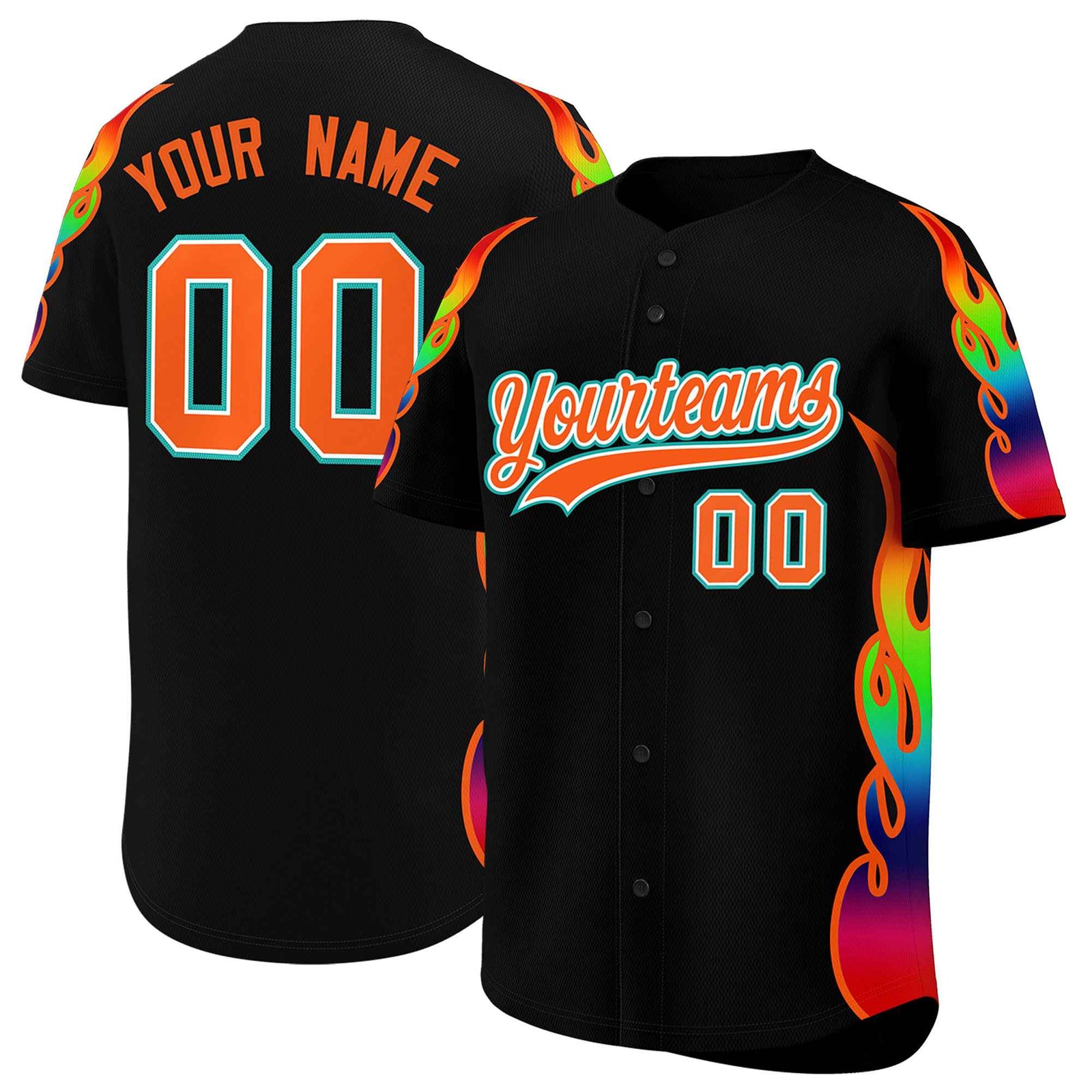 Custom Black Graffiti Pattern Personalized Multicolored Flames Print Authentic Baseball Jersey