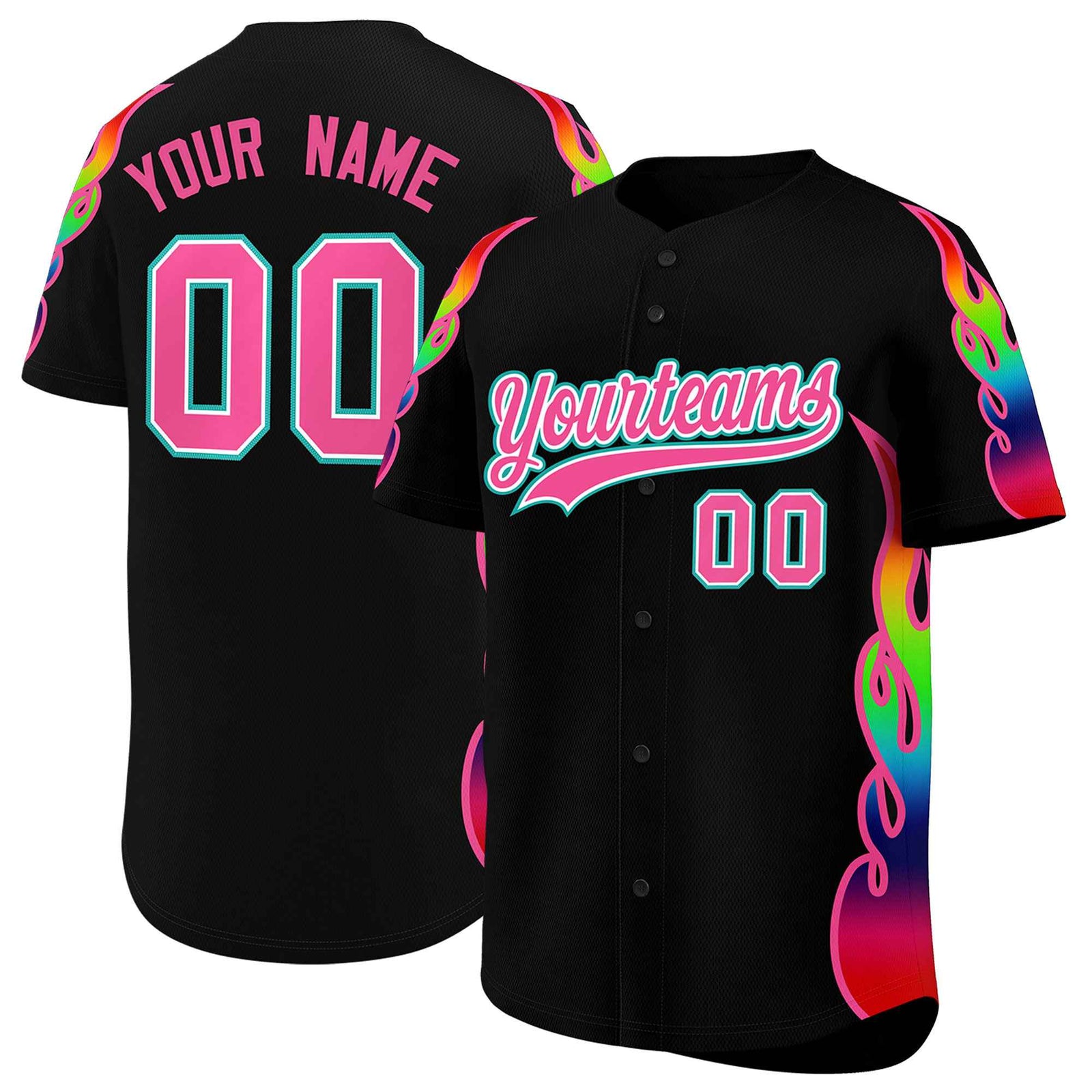 Custom Black Graffiti Pattern Personalized Multicolored Flames Print Authentic Baseball Jersey
