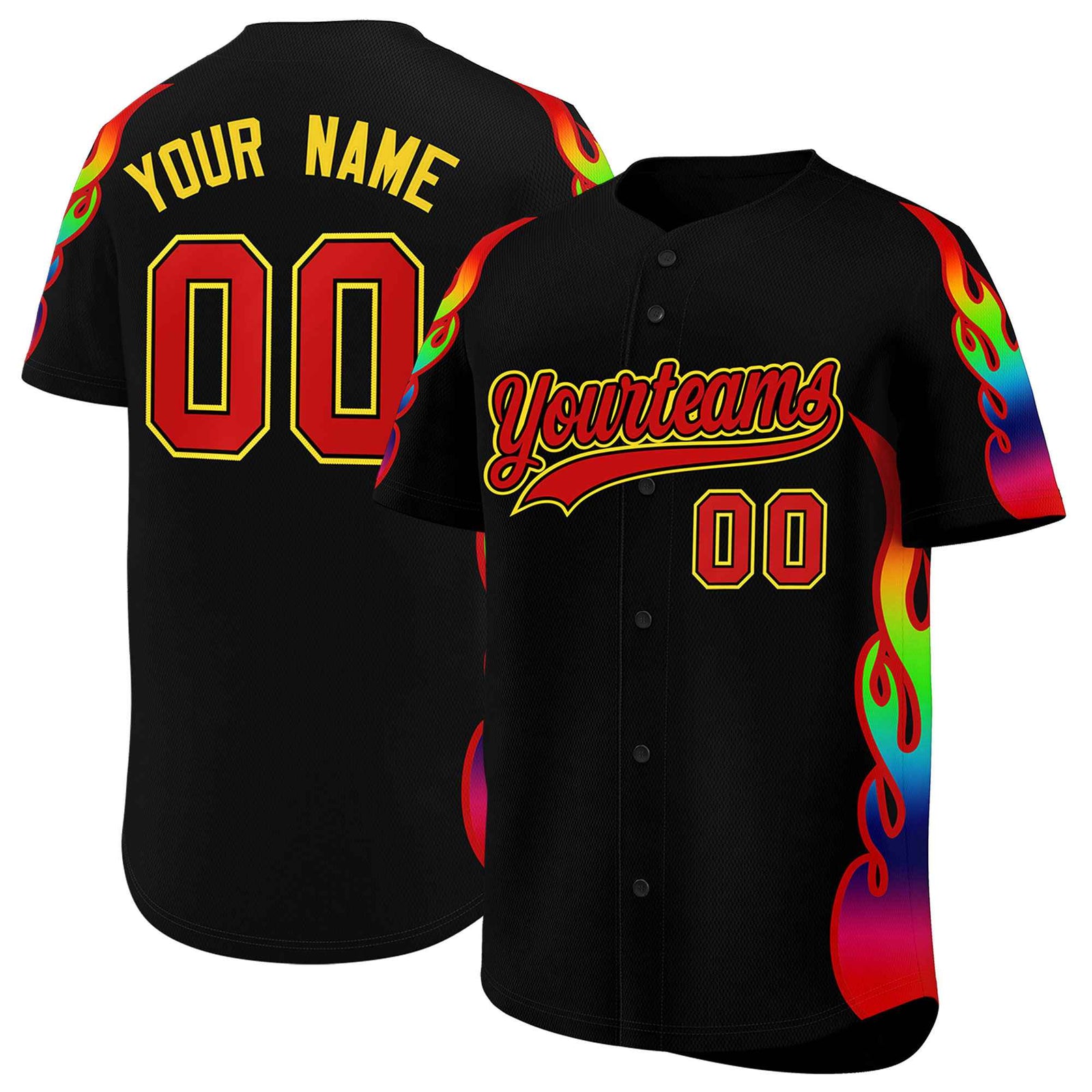 Custom Black Graffiti Pattern Personalized Multicolored Flames Print Authentic Baseball Jersey