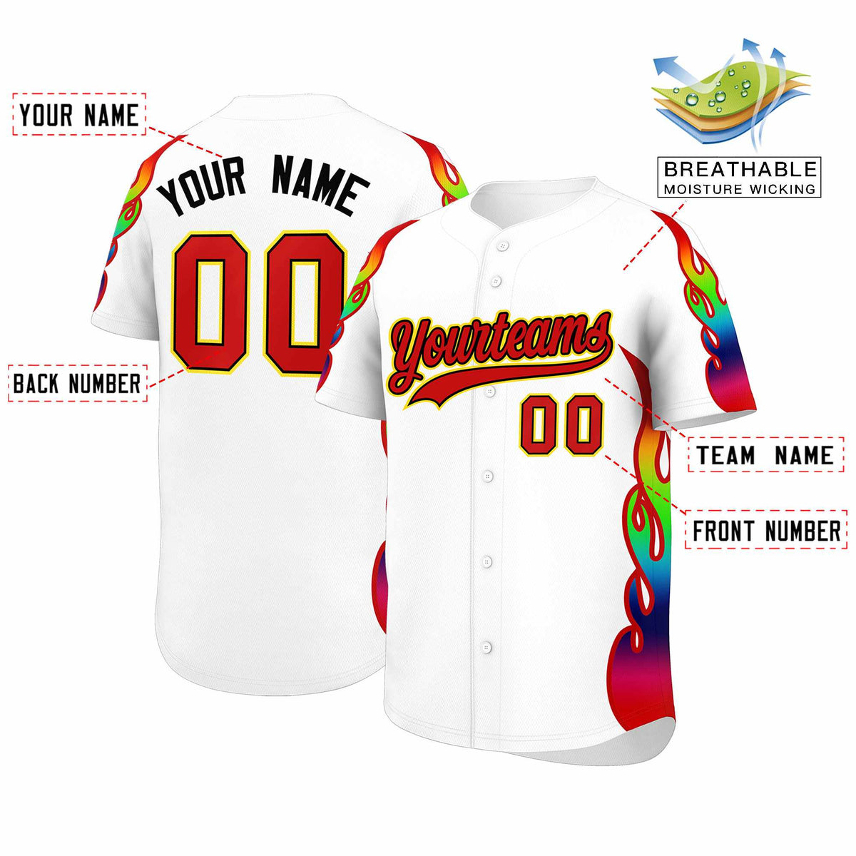 Custom White Graffiti Pattern Personalized Multicolored Flames Print Authentic Baseball Jersey