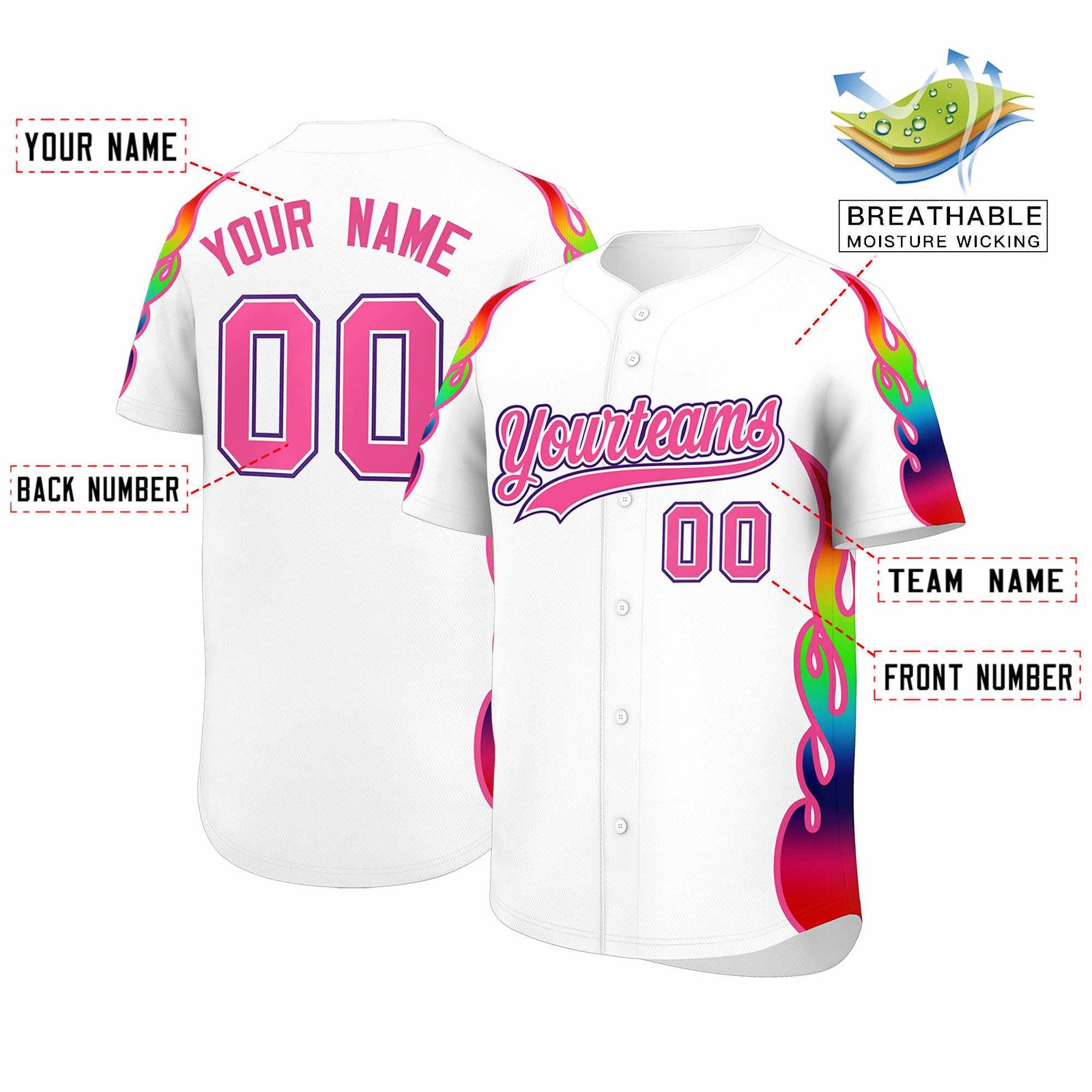 Custom White Graffiti Pattern Personalized Multicolored Flames Print Authentic Baseball Jersey