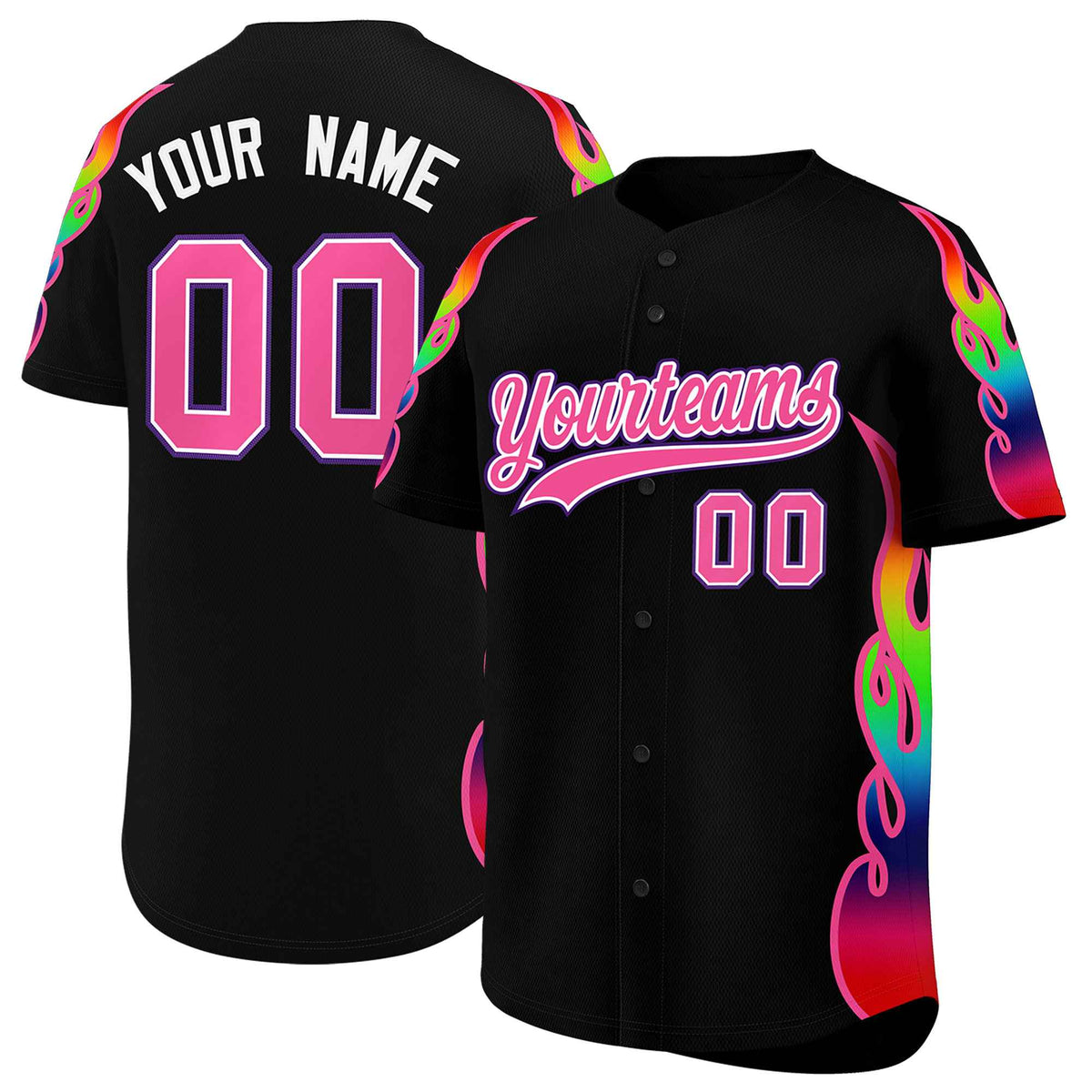 Custom Black Graffiti Pattern Personalized Multicolored Flames Print Authentic Baseball Jersey