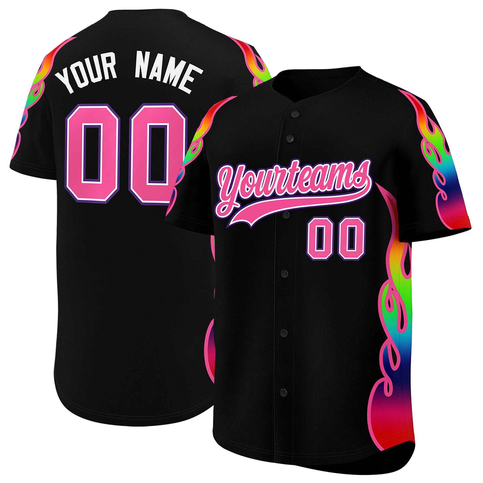 Custom Black Graffiti Pattern Personalized Multicolored Flames Print Authentic Baseball Jersey