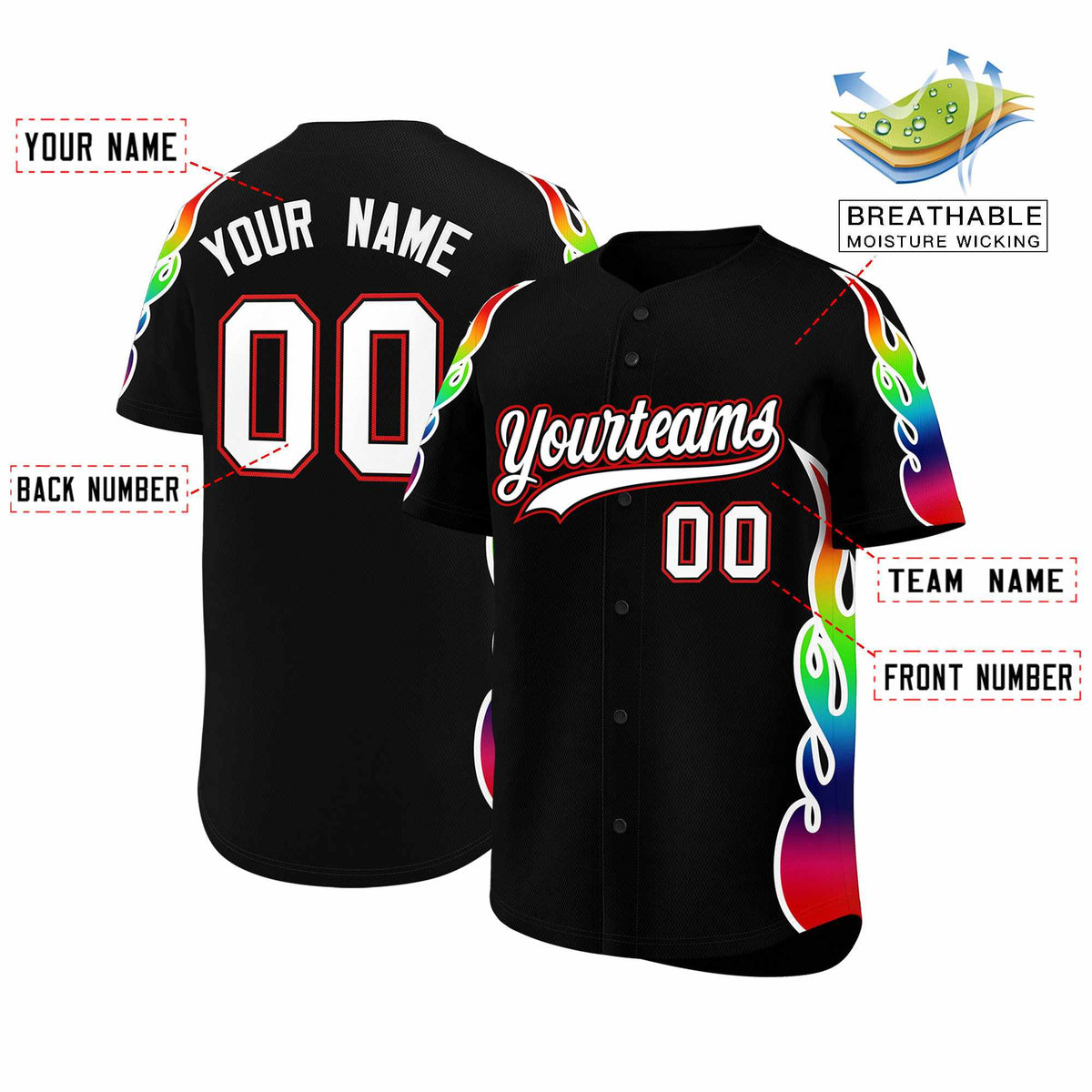 Custom Black Graffiti Pattern Personalized Multicolored Flames Print Authentic Baseball Jersey