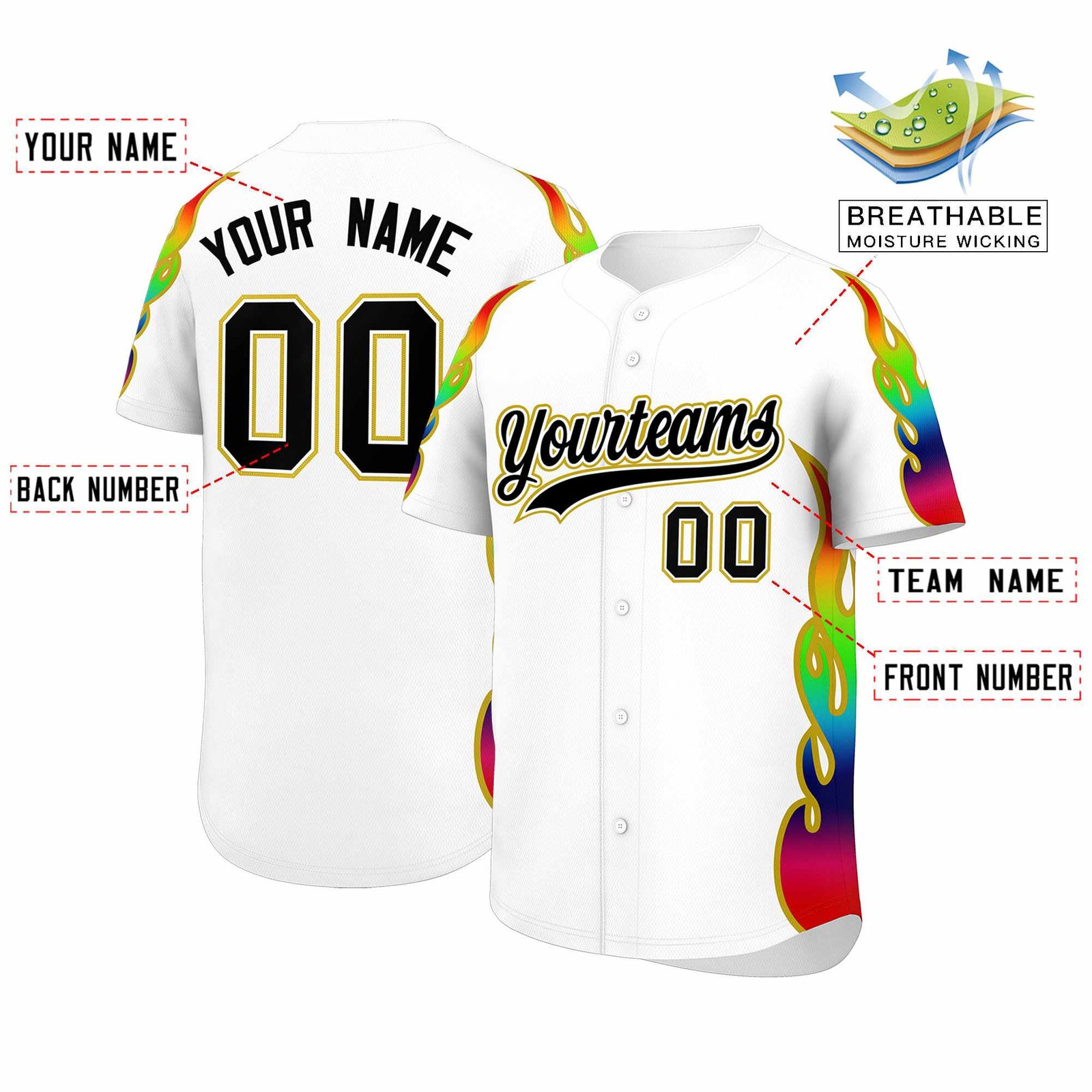 Custom White Graffiti Pattern Personalized Multicolored Flames Print Authentic Baseball Jersey